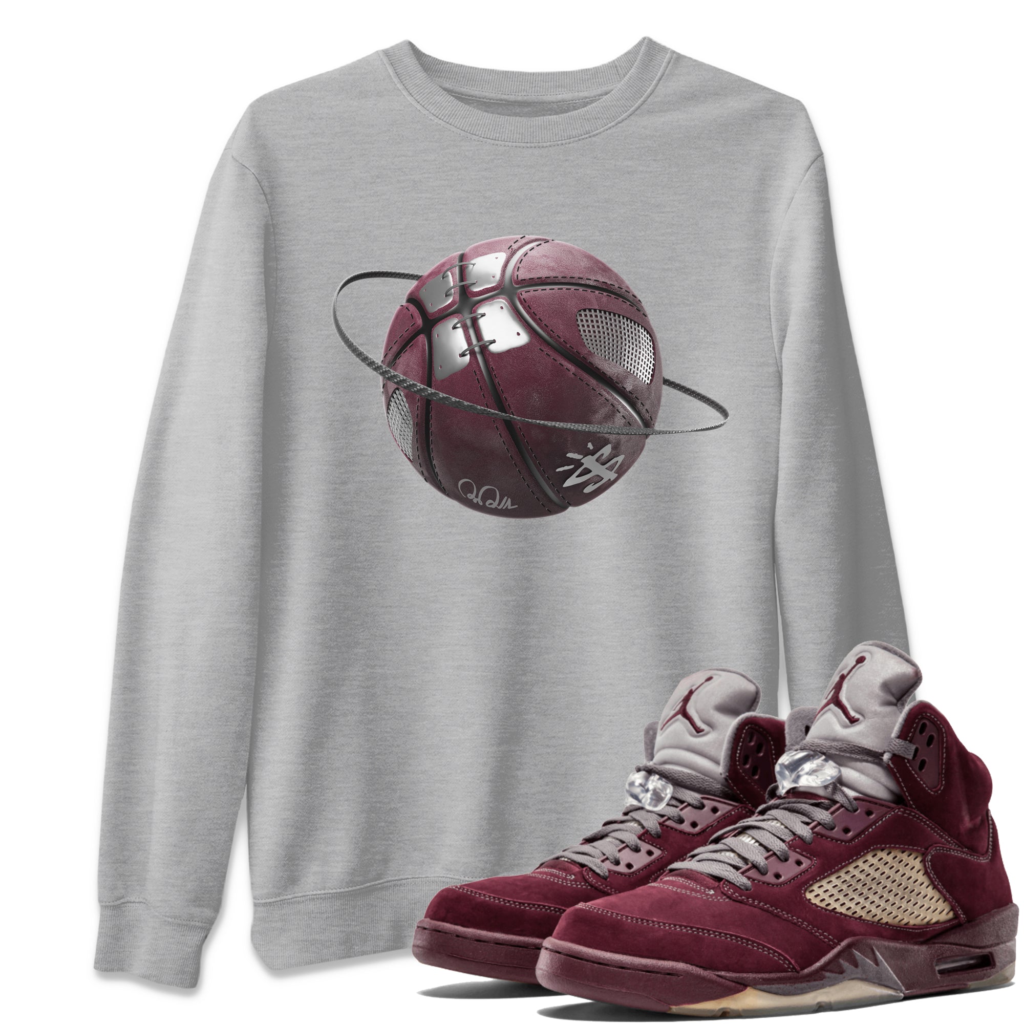 Air Jordan 5 Burgundy Sneaker Match Tees Basketball Planet Streetwear Sneaker Shirt AJ5 Burgundy Sneaker Release Tees Unisex Shirts Heather Grey 1