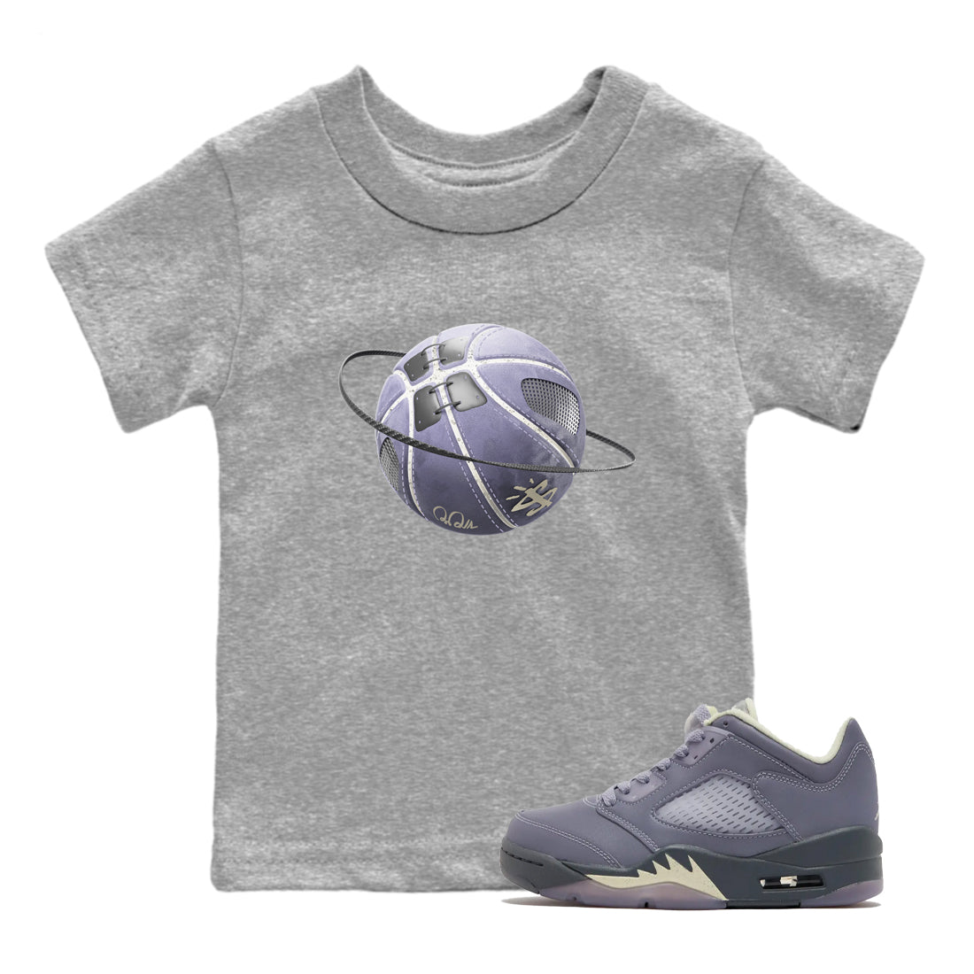 Air Jordan 5 Indigo Haze Sneaker Match Tees Basketball Planet Streetwear Sneaker Shirt AJ5 Indigo Haze Sneaker Release Tees Kids Shirts Heather Grey 1