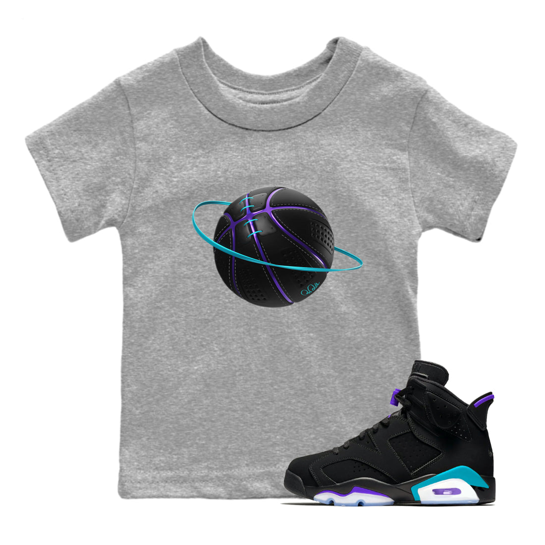 Air Jordan 6 Aqua Sneaker Match Tees Basketball Planet Streetwear Sneaker Shirt AJ6 Aqua Sneaker Release Tees Kids Shirts Heather Grey 1