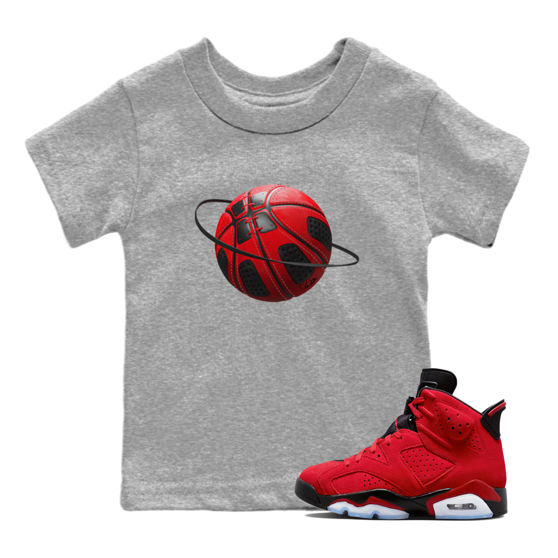 Air Jordan 6 Toro Bravo Sneaker Match Tees Basketball Planet Streetwear Sneaker Shirt 3D Graphic Design Shirts AJ6 Toro Bravo Sneaker Release Tees Kids Shirts Heather Grey 1