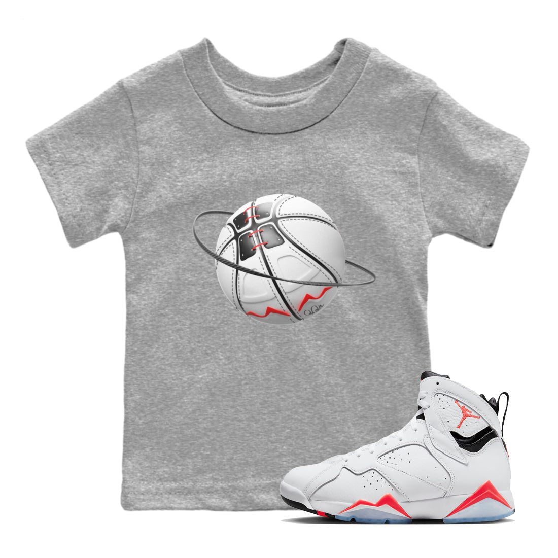 Air Jordan 7 Infrared Sneaker Match Tees Basketball Planet Streetwear Sneaker Shirt AJ7 Infrared Sneaker Release Tees Kids Shirts Heather Grey 1