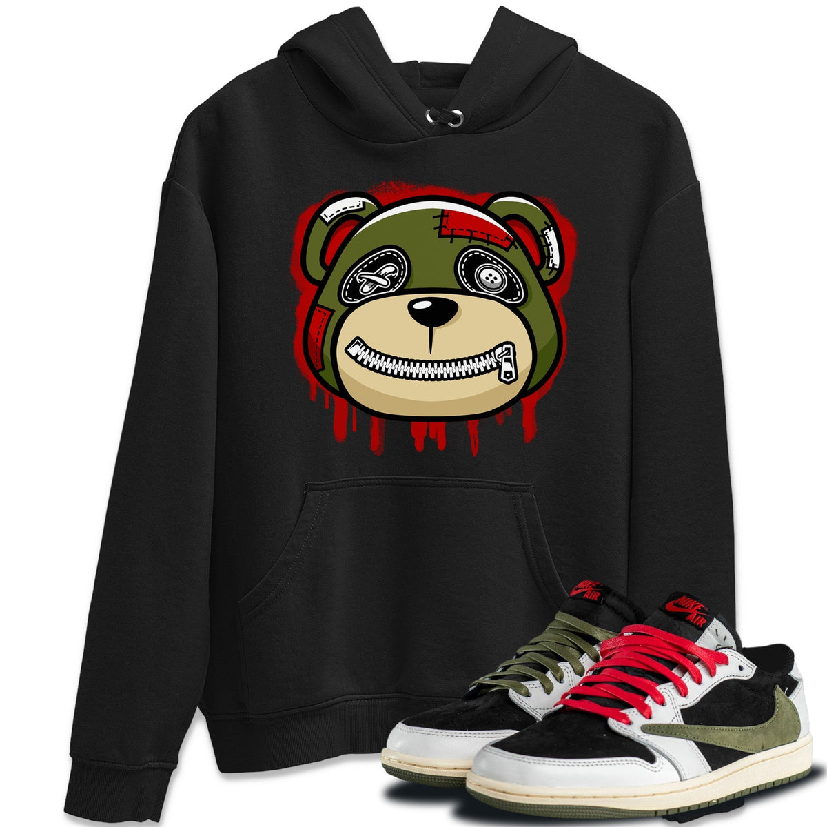Jordan 1 Travis Scott Olive Sneaker Matching T-Shirt Bear Face Sneaker Tees Jordan 1 Travis Scott Olive Sneaker Release Tees Crew Neck Tees