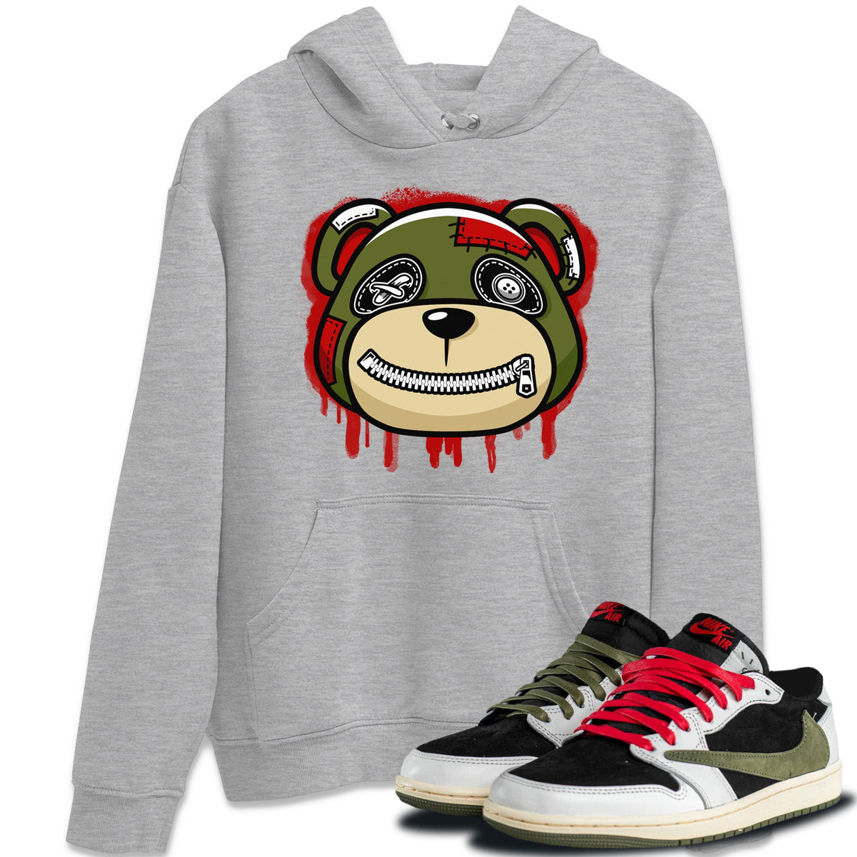 Jordan 1 Travis Scott Olive Sneaker Matching T-Shirt Bear Face Sneaker Tees Jordan 1 Travis Scott Olive Sneaker Release Tees Crew Neck Tees