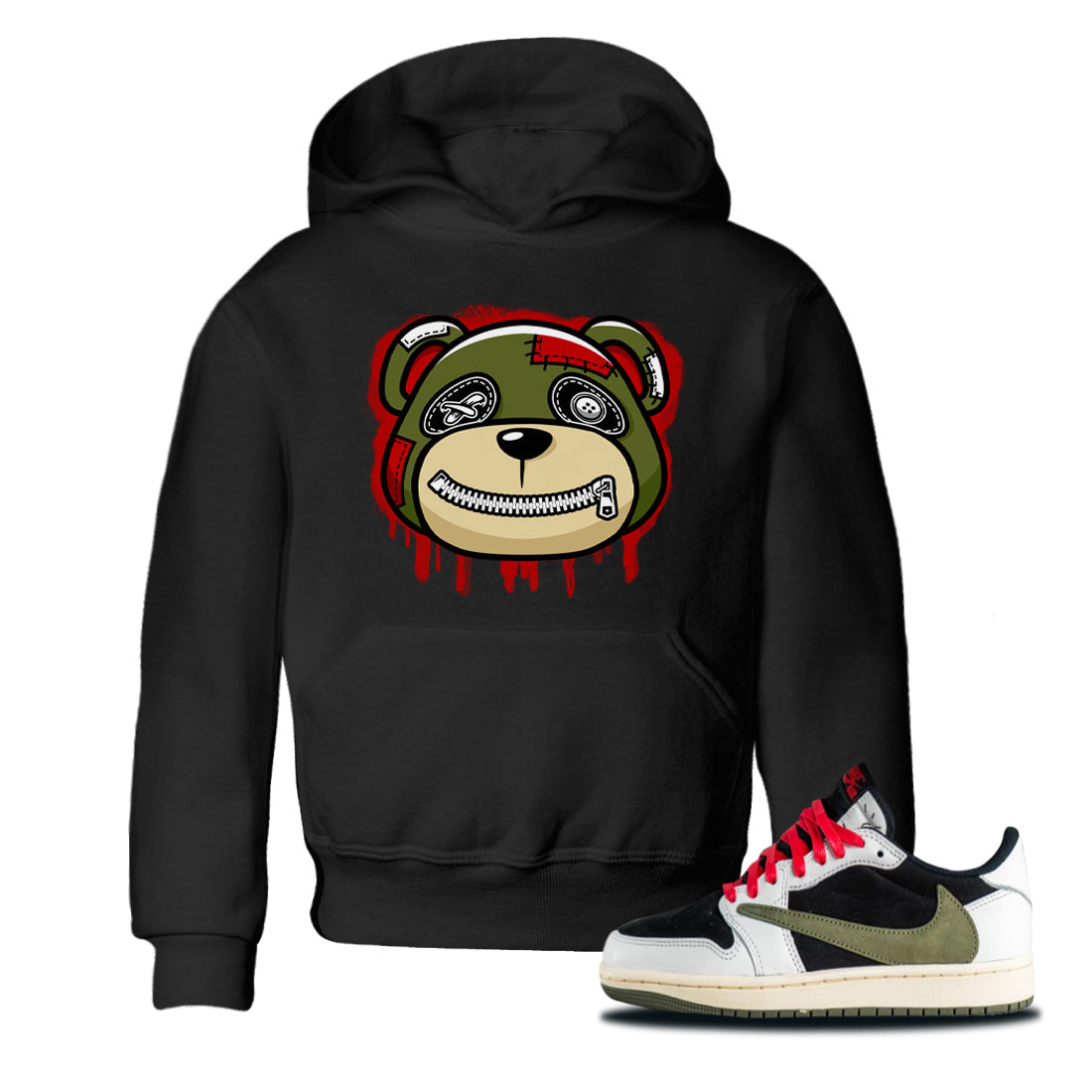 Jordan 1 Travis Scott Olive Sneaker Matching T-Shirt Bear Face Sneaker Tees Jordan 1 Travis Scott Olive Sneaker Release Tees Kids Shirts