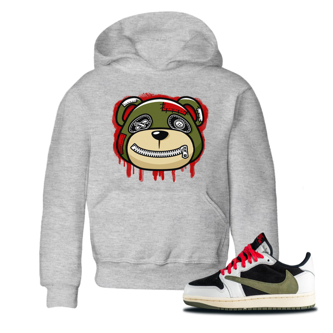 Jordan 1 Travis Scott Olive Sneaker Matching T-Shirt Bear Face Sneaker Tees Jordan 1 Travis Scott Olive Sneaker Release Tees Kids Shirts