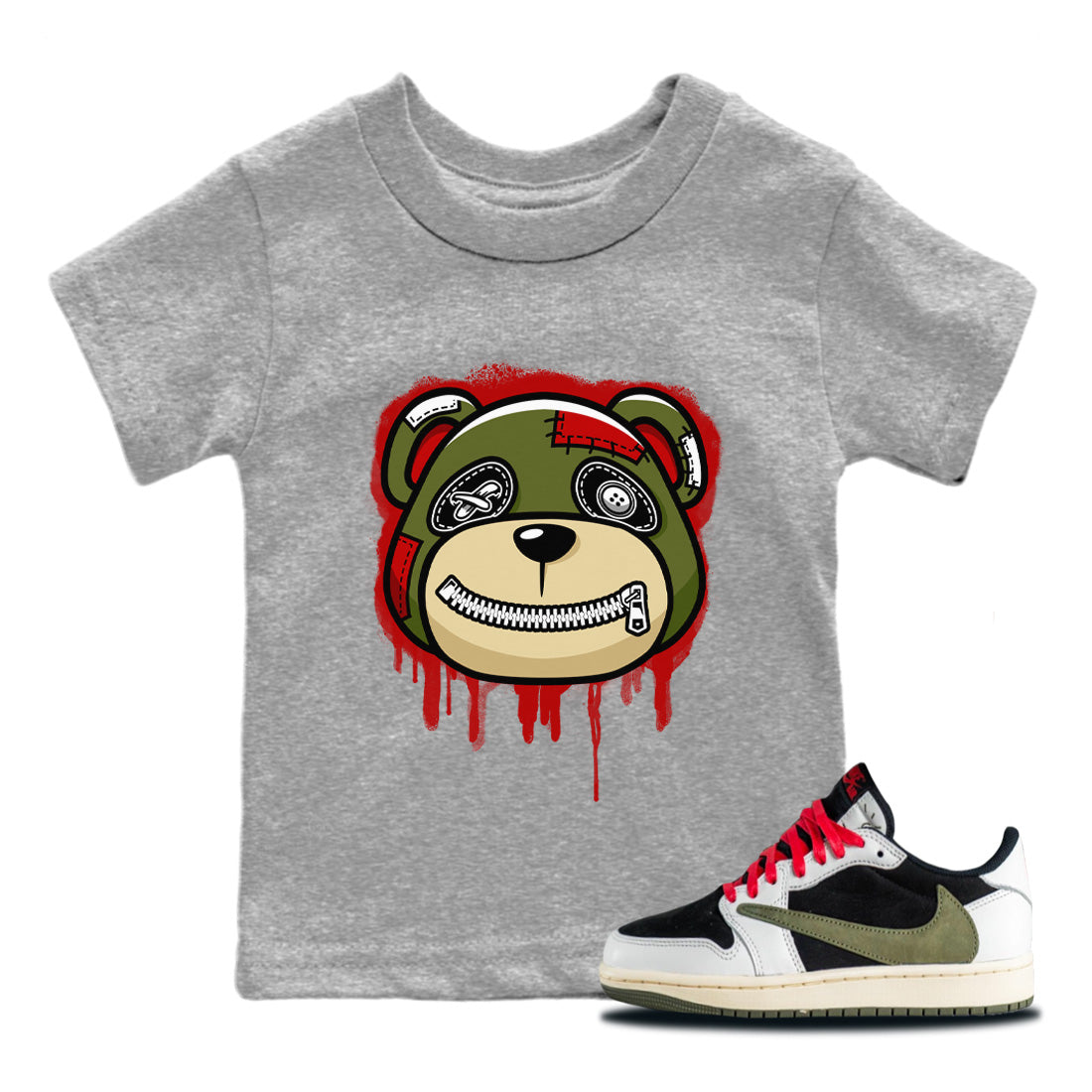 Jordan 1 Travis Scott Olive Sneaker Matching T-Shirt Bear Face Sneaker Tees Jordan 1 Travis Scott Olive Sneaker Release Tees Kids Shirts