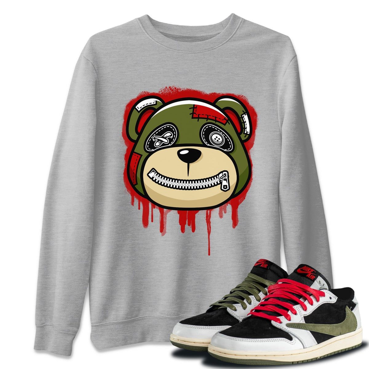 Jordan 1 Travis Scott Olive Sneaker Matching T-Shirt Bear Face Sneaker Tees Jordan 1 Travis Scott Olive Sneaker Release Tees Crew Neck Tees