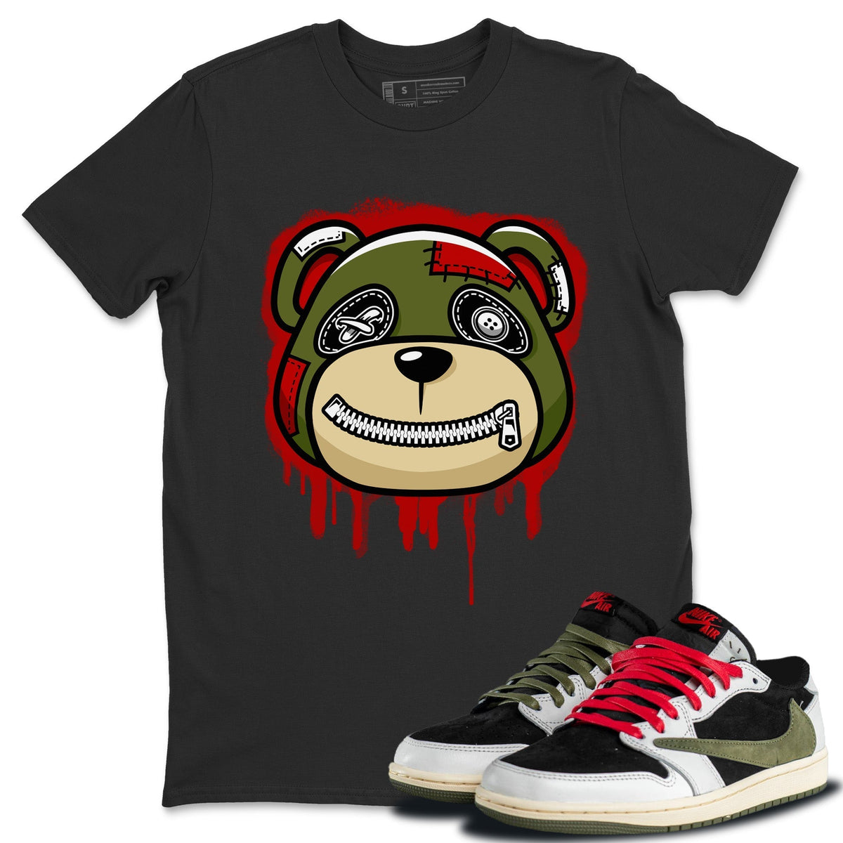 Jordan 1 Travis Scott Olive Sneaker Matching T-Shirt Bear Face Sneaker Tees Jordan 1 Travis Scott Olive Sneaker Release Tees Crew Neck Tees