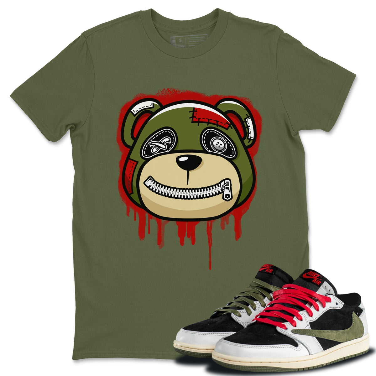 Jordan 1 Travis Scott Olive Sneaker Matching T-Shirt Bear Face Sneaker Tees Jordan 1 Travis Scott Olive Sneaker Release Tees Crew Neck Tees