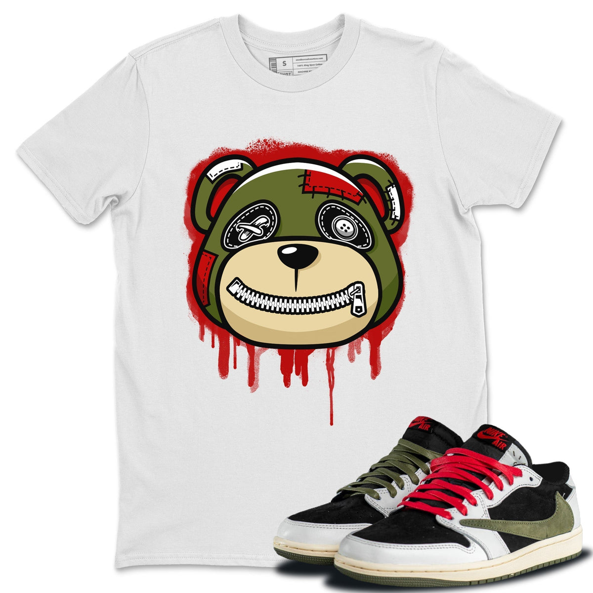 Jordan 1 Travis Scott Olive Sneaker Matching T-Shirt Bear Face Sneaker Tees Jordan 1 Travis Scott Olive Sneaker Release Tees Crew Neck Tees