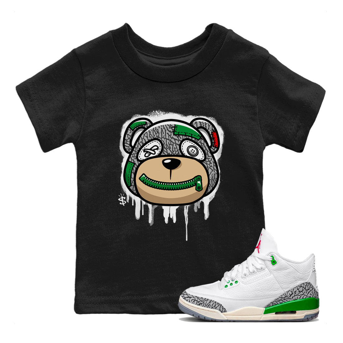 Air Jordan 3 Lucky Green Sneaker Match Tees Bear Face Streetwear Sneaker Shirt Jordan 3 Retro Lucky Green Sneaker Release Tees Kids Shirts Black 1