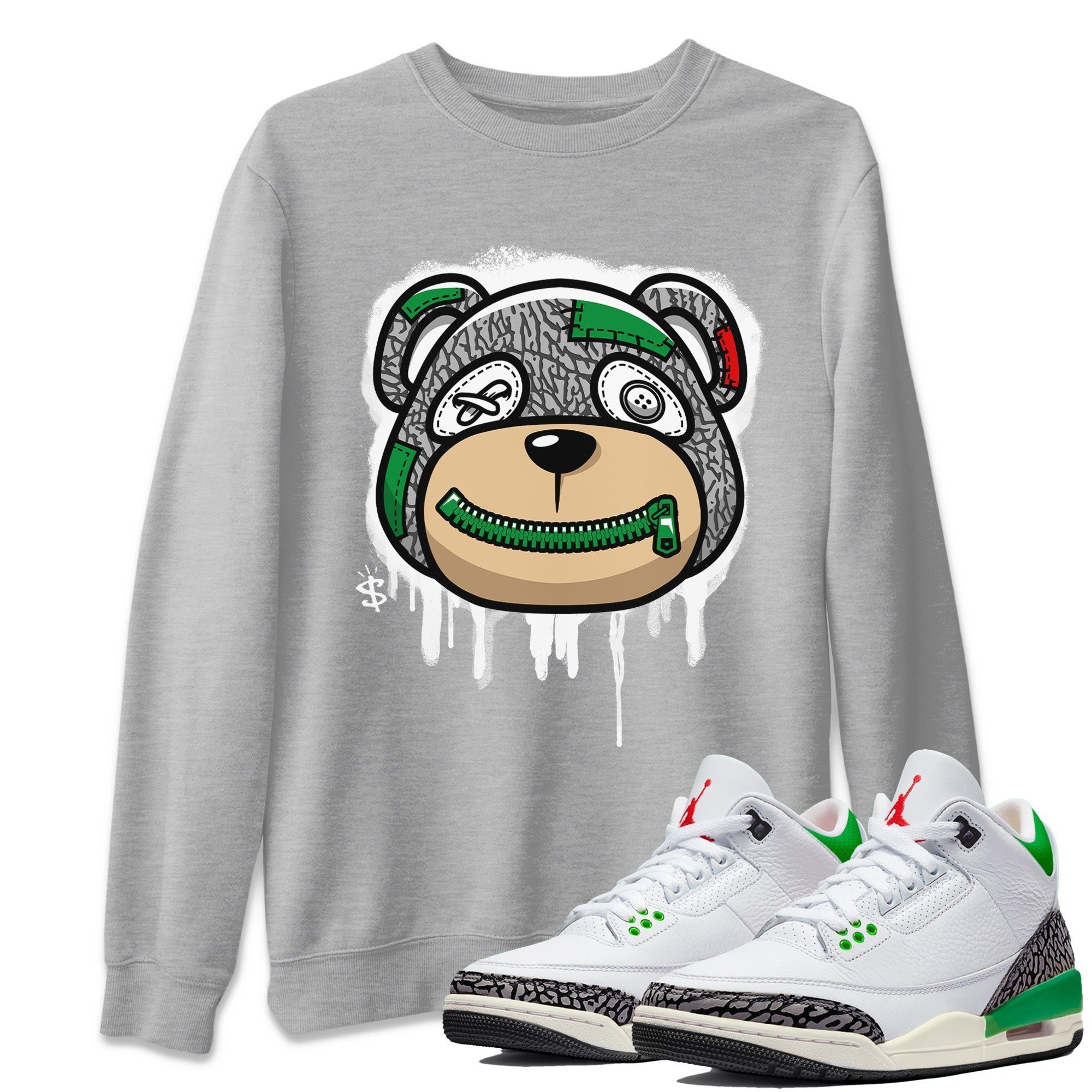 Air Jordan 3 Lucky Green Sneaker Match Tees Bear Face Streetwear Sneaker Shirt Jordan 3 Retro Lucky Green Sneaker Release Tees Unisex Shirts Heather Grey 1