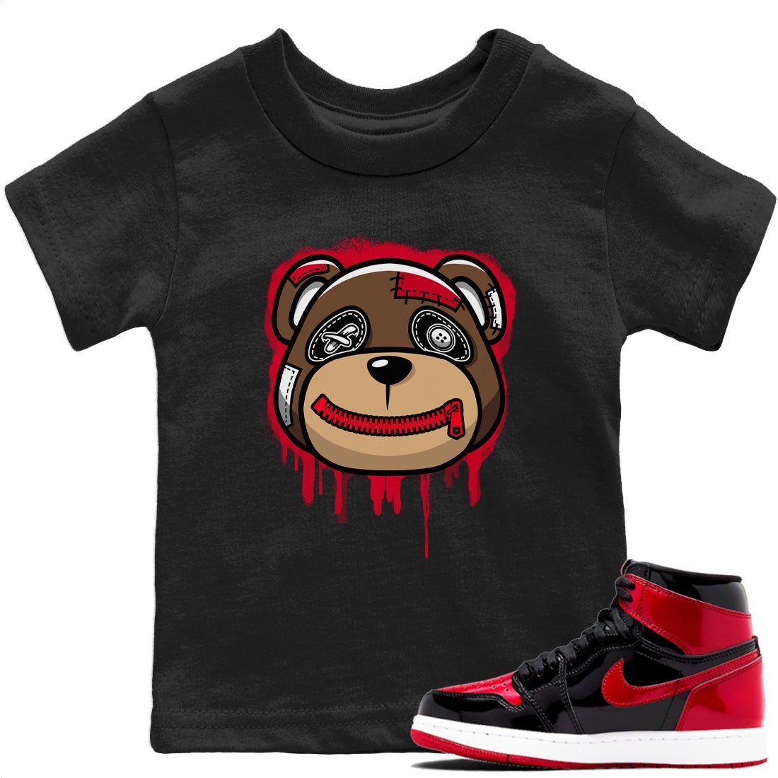 Jordan 1 Bred Patent Sneaker Matching T-Shirt Bear Face Sneaker Tees Jordan 1 Bred Patent Sneaker Release Tees Kids Shirts