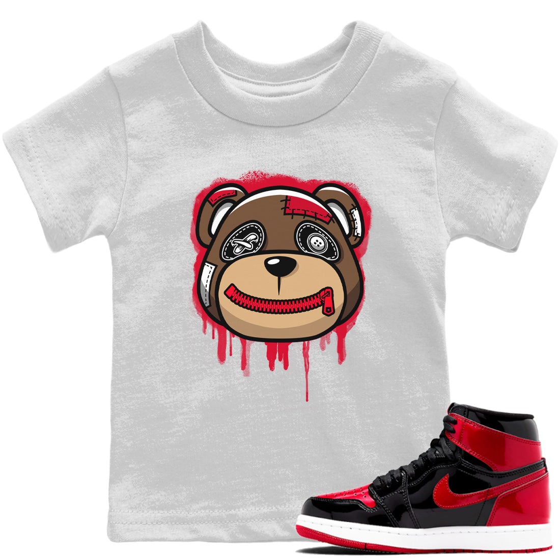 Jordan 1 Bred Patent Sneaker Matching T-Shirt Bear Face Sneaker Tees Jordan 1 Bred Patent Sneaker Release Tees Kids Shirts