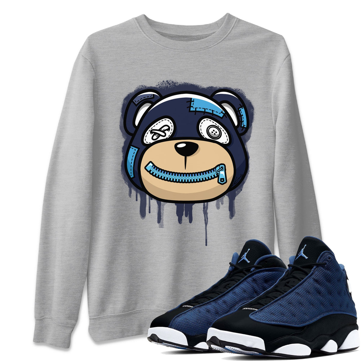 Jordan 13 Brave Blue Sneaker Matching T-Shirt Bear Face Sneaker Tees Jordan 13 Brave Blue Sneaker Release Tees Crew Neck Tees