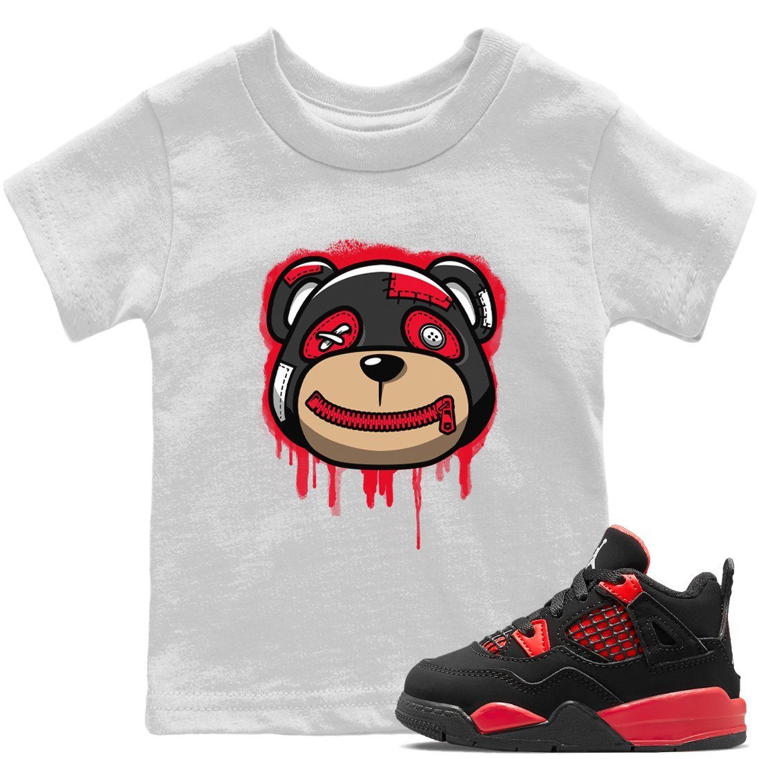Jordan 4 Red Thunder Sneaker Matching T-Shirt Bear Face Sneaker Tees Jordan 4 Red Thunder Sneaker Release Tees Kids Shirts