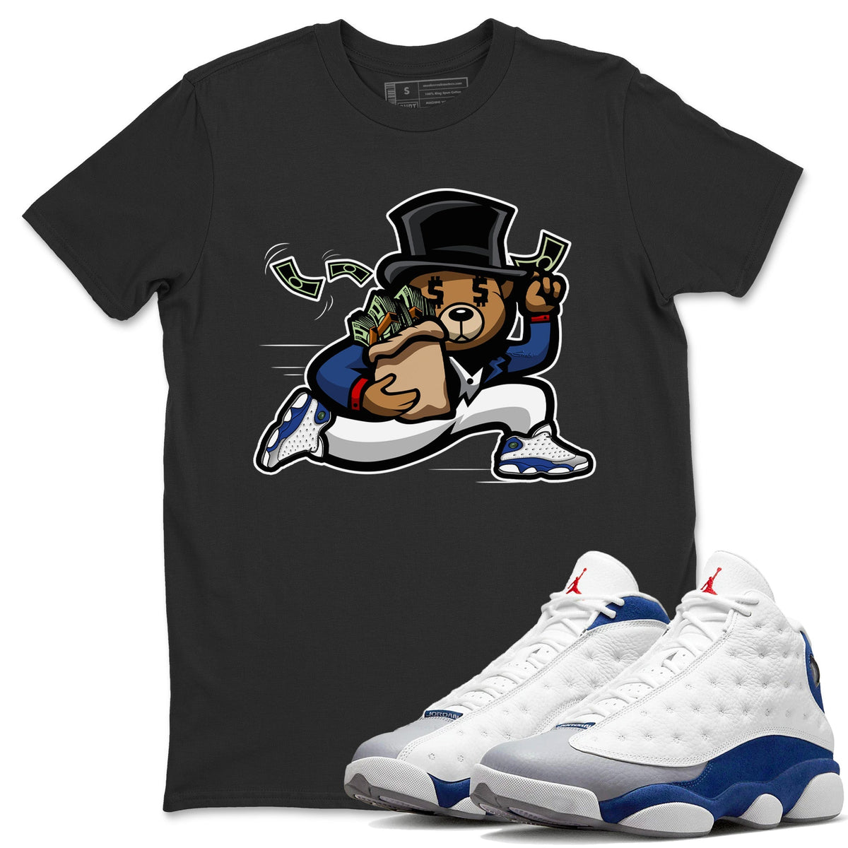 Jordan 13 French Blue Sneaker Matching T-Shirt Bear Steals Sneaker Tees Jordan 13 French Blue Sneaker Release Tees Crew Neck Tees