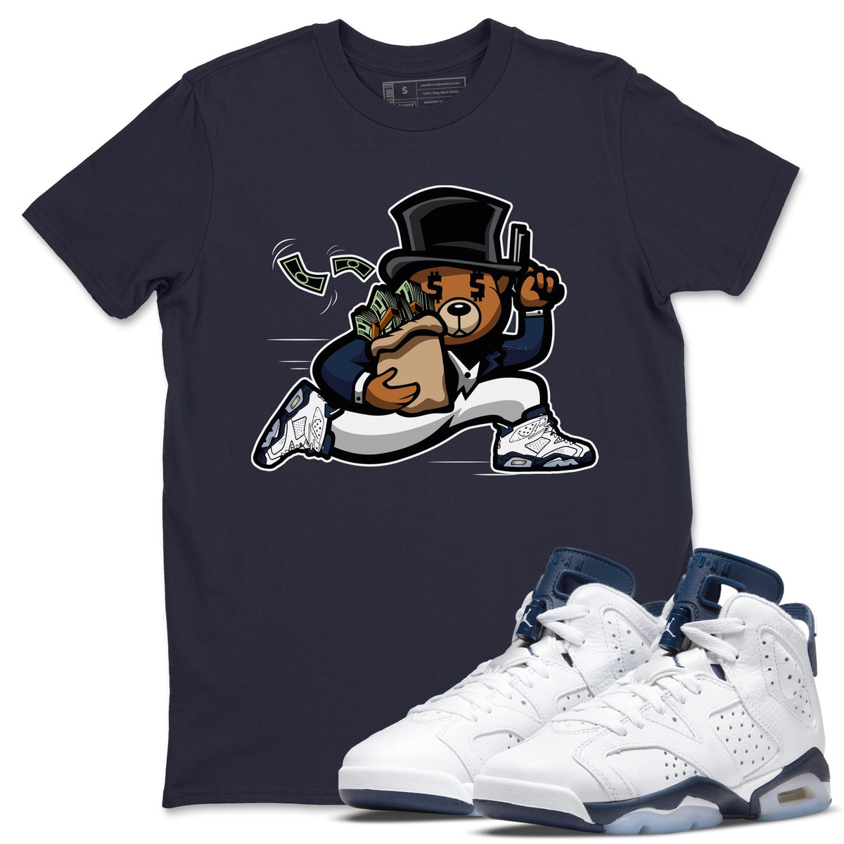 Jordan 6 Midnight Navy Sneaker Matching T-Shirt Bear Steals Sneaker Tees Jordan 6 Midnight Navy Sneaker Release Tees Crew Neck Tees