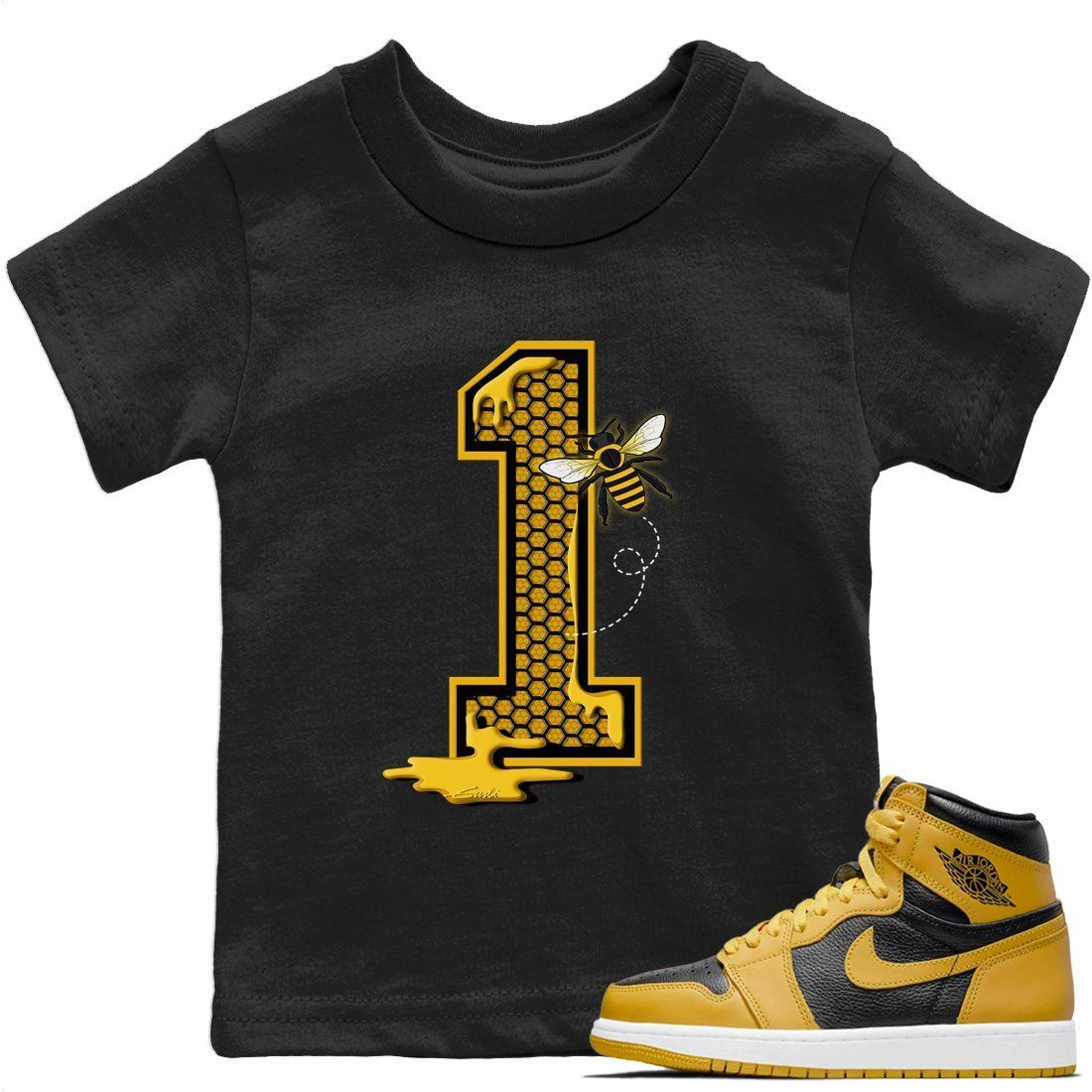 Jordan 1 Pollen Sneaker Matching T-Shirt Bees Number 1 Sneaker Tees Jordan 1 Pollen Sneaker Release Tees Kids Shirts