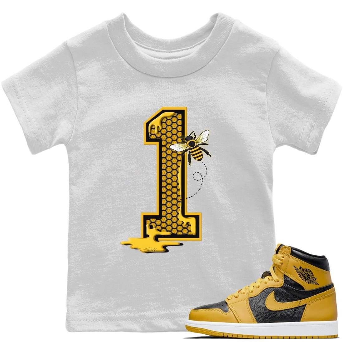 Jordan 1 Pollen Sneaker Matching T-Shirt Bees Number 1 Sneaker Tees Jordan 1 Pollen Sneaker Release Tees Kids Shirts