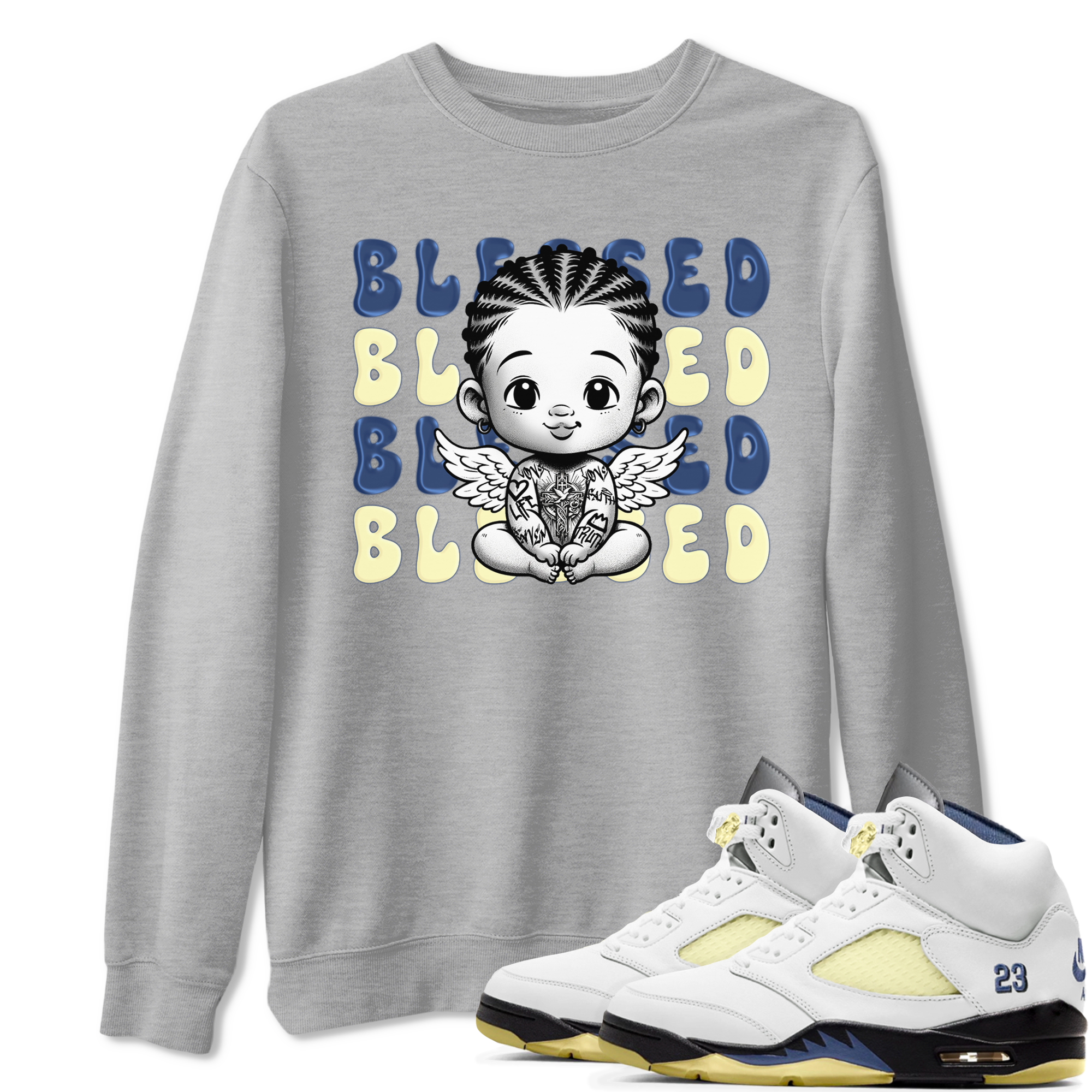 Jordan 5 A Ma Maniere x Dawn to match jordans Blessed Baby sneaker tees Air Jordan 5 A Ma Maniere x Photon Dust Drip Gear Zone Streetwear Brand Sneaker Matching Cotton Shirt unisex cotton Heather Grey 1 crew neck shirt