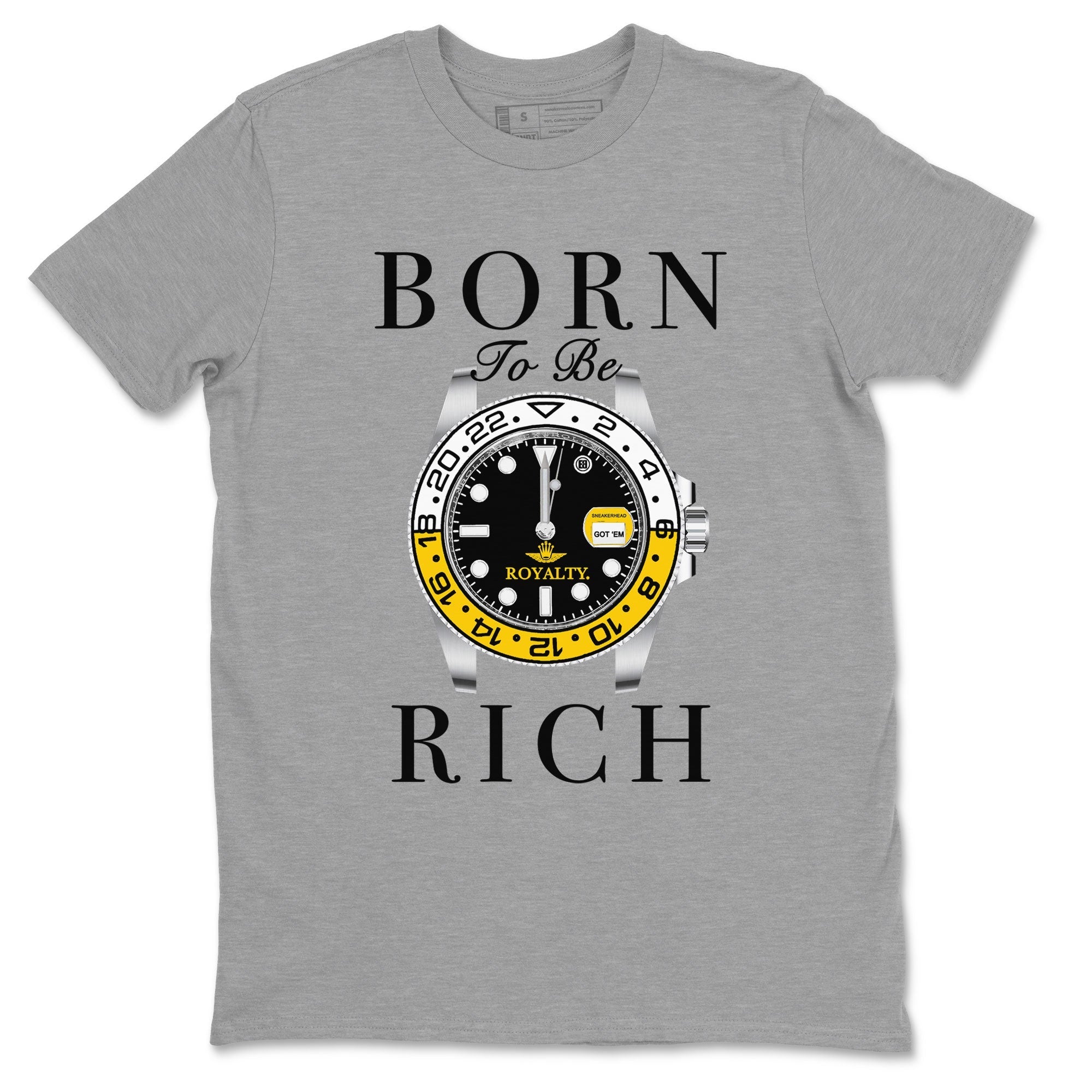 AJ1 Yellow Ochre shirt to match jordans Born To Be Rich sneaker tees streetwear brand Air Jordan 1 Yellow Ochre Drip Gear Zone Brand unisex cotton Heather Grey 2 crew neck shirt