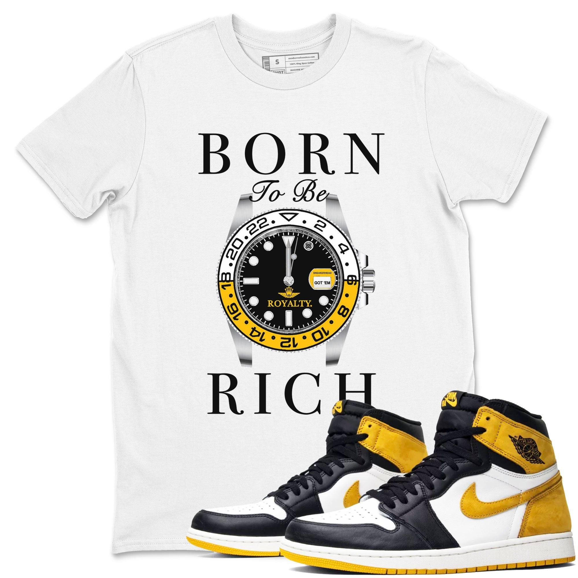 AJ1 Yellow Ochre shirt to match jordans Born To Be Rich sneaker tees streetwear brand Air Jordan 1 Yellow Ochre Drip Gear Zone Brand unisex cotton White 1 crew neck shirt