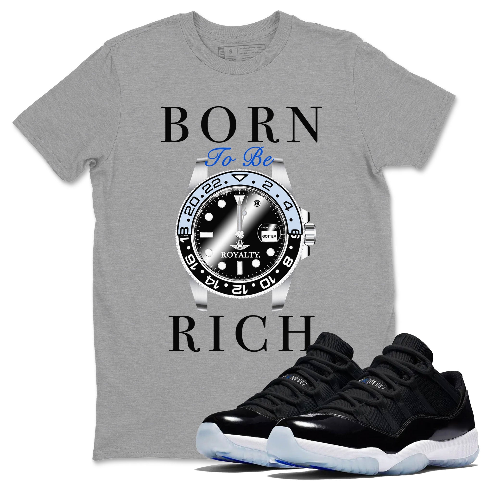 AJ11 Space shirt to match jordans Born To Be Rich sneaker tees Air Jordan 11 Retro Space Drip Gear Zone unisex cotton Heather Grey 1 crew neck shirt