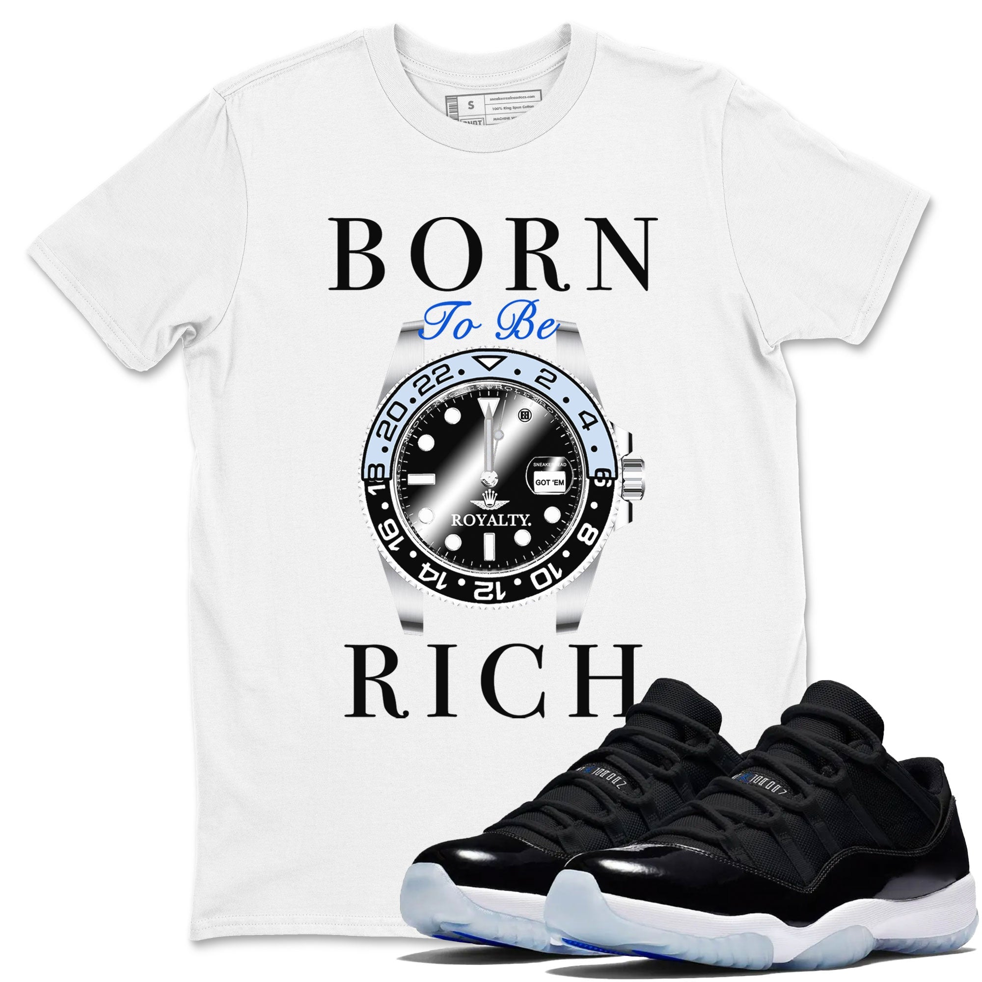 AJ11 Space shirt to match jordans Born To Be Rich sneaker tees Air Jordan 11 Retro Space Drip Gear Zone unisex cotton White 1 crew neck shirt