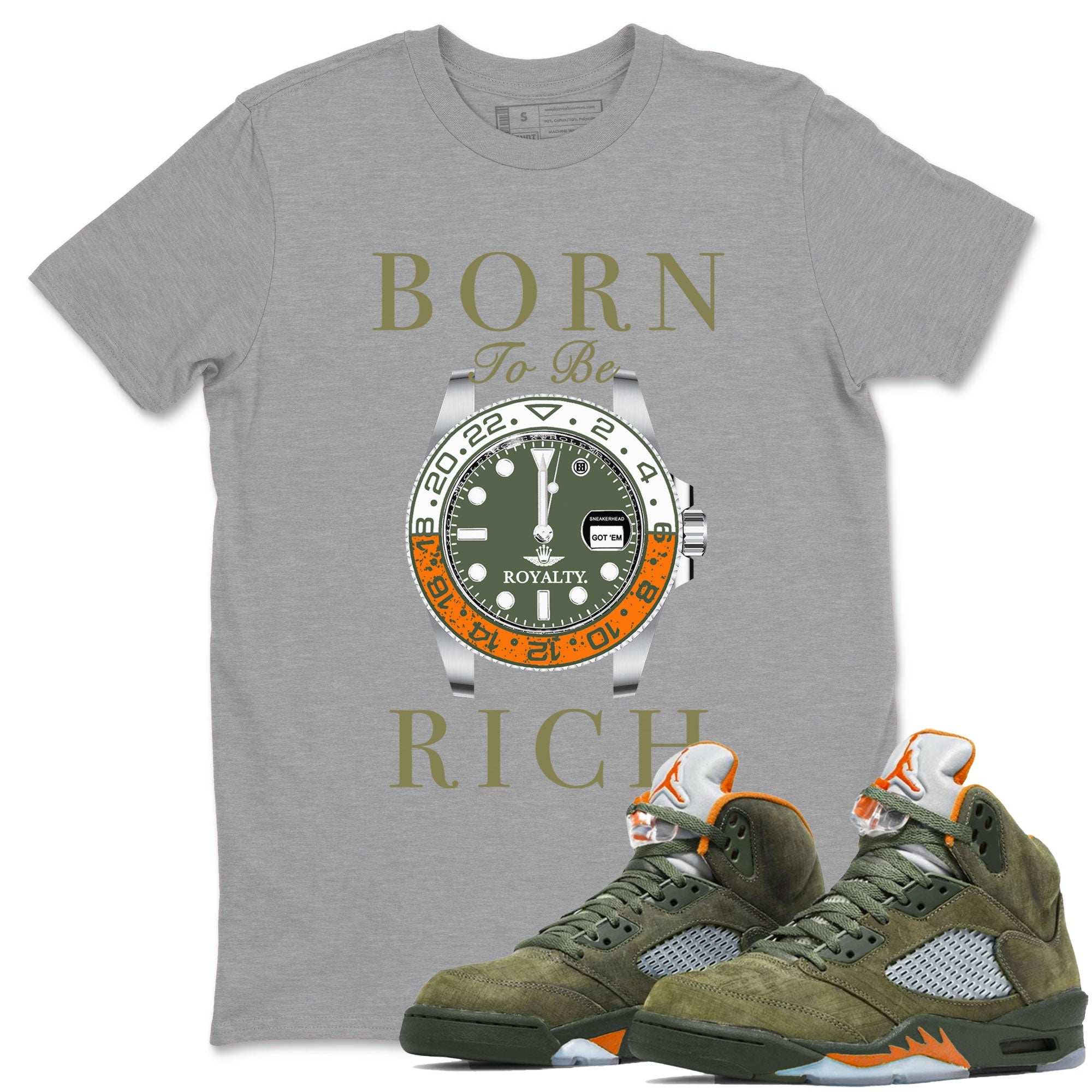 5s Olive shirt to match jordans Born To Be Rich sneaker tees Air Jordan 5 Retro Olive Drip Gear Zone unisex cotton Heather Grey 1 crew neck shirt
