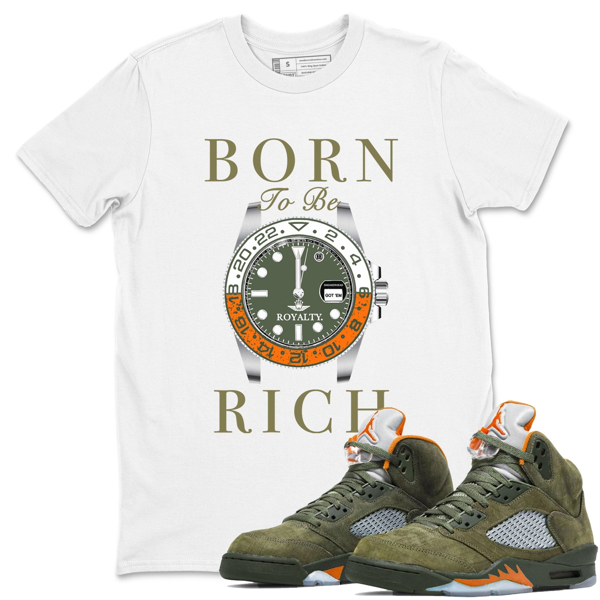 5s Olive shirt to match jordans Born To Be Rich sneaker tees Air Jordan 5 Retro Olive Drip Gear Zone unisex cotton White 1 crew neck shirt