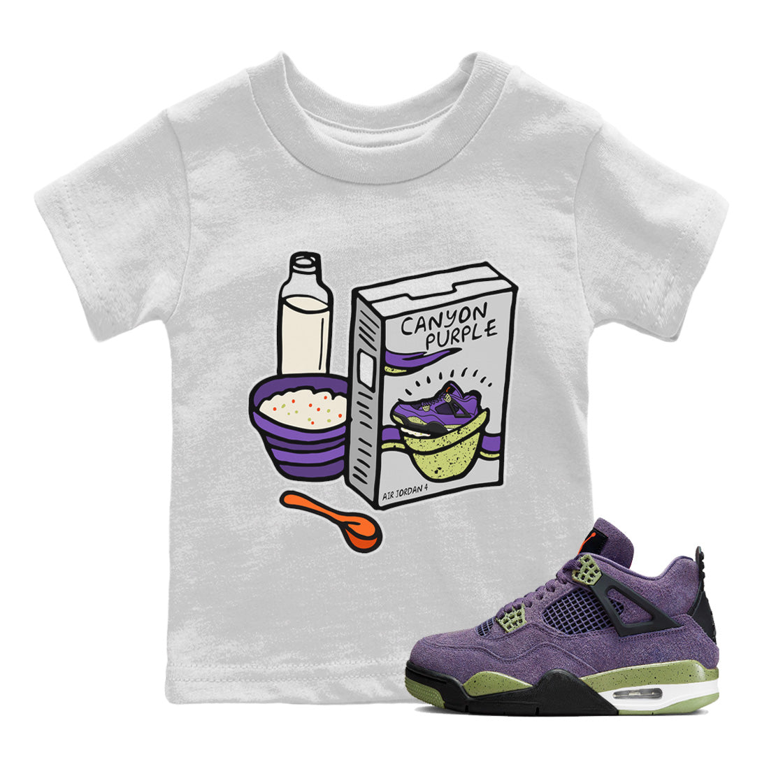 Jordan 4 Canyon Purple Sneaker Matching T-Shirt Breakfast Cereal Sneaker Tees Jordan 4 Canyon Purple Sneaker Release Tees Kids Shirts
