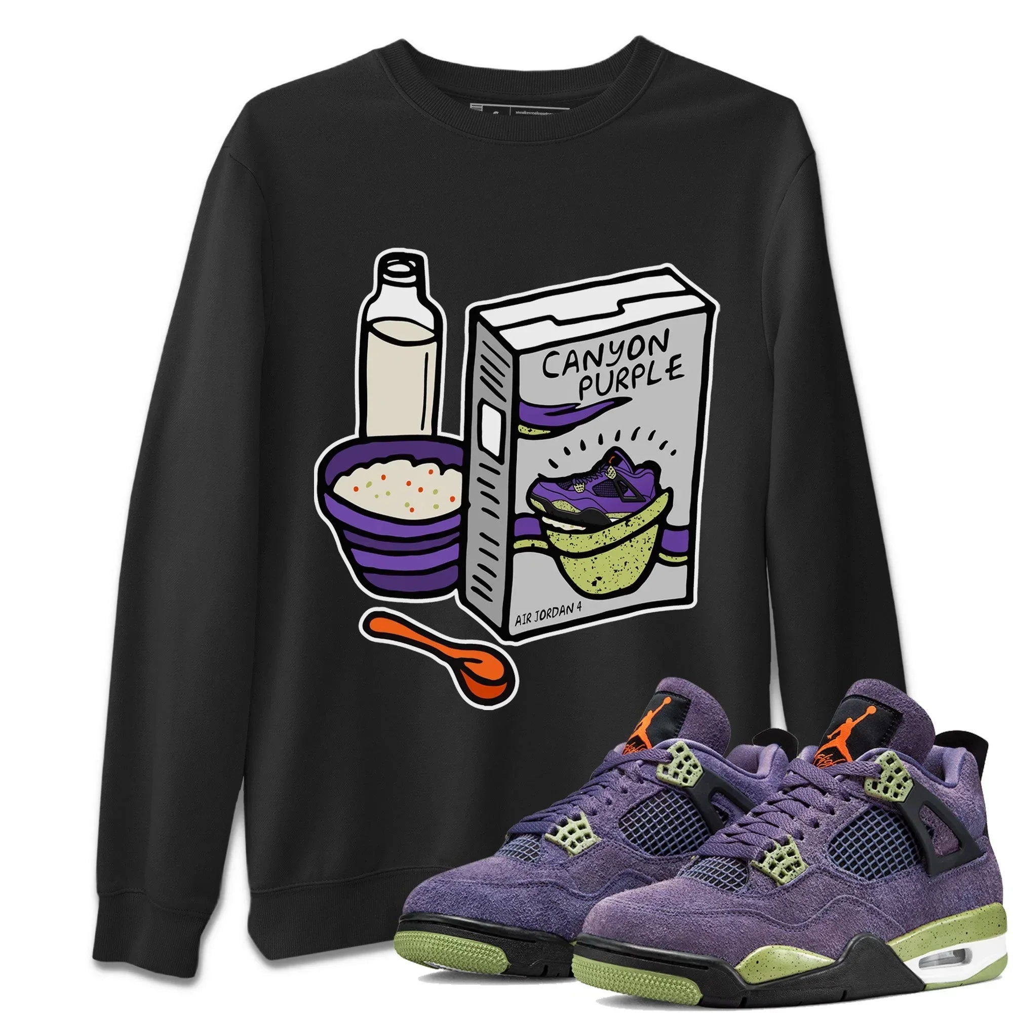 Jordan 4 Canyon Purple Sneaker Matching T-Shirt Breakfast Cereal Sneaker Tees Jordan 4 Canyon Purple Sneaker Release Tees Crew Neck Tees