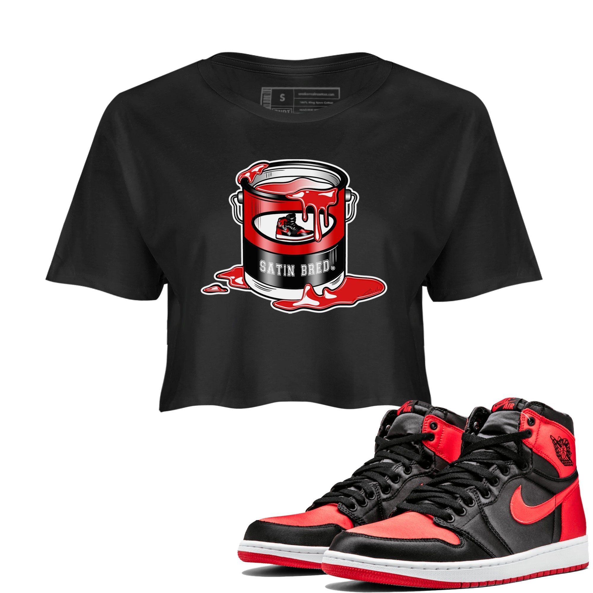 Air Jordan 1 Satin Bred shirt to match jordans Bucket Streetwear Sneaker Shirt Air Jordan 1 Retro High OG Satin Bred Drip Gear Zone Sneaker Matching Clothing Black 1 Crop T-Shirt
