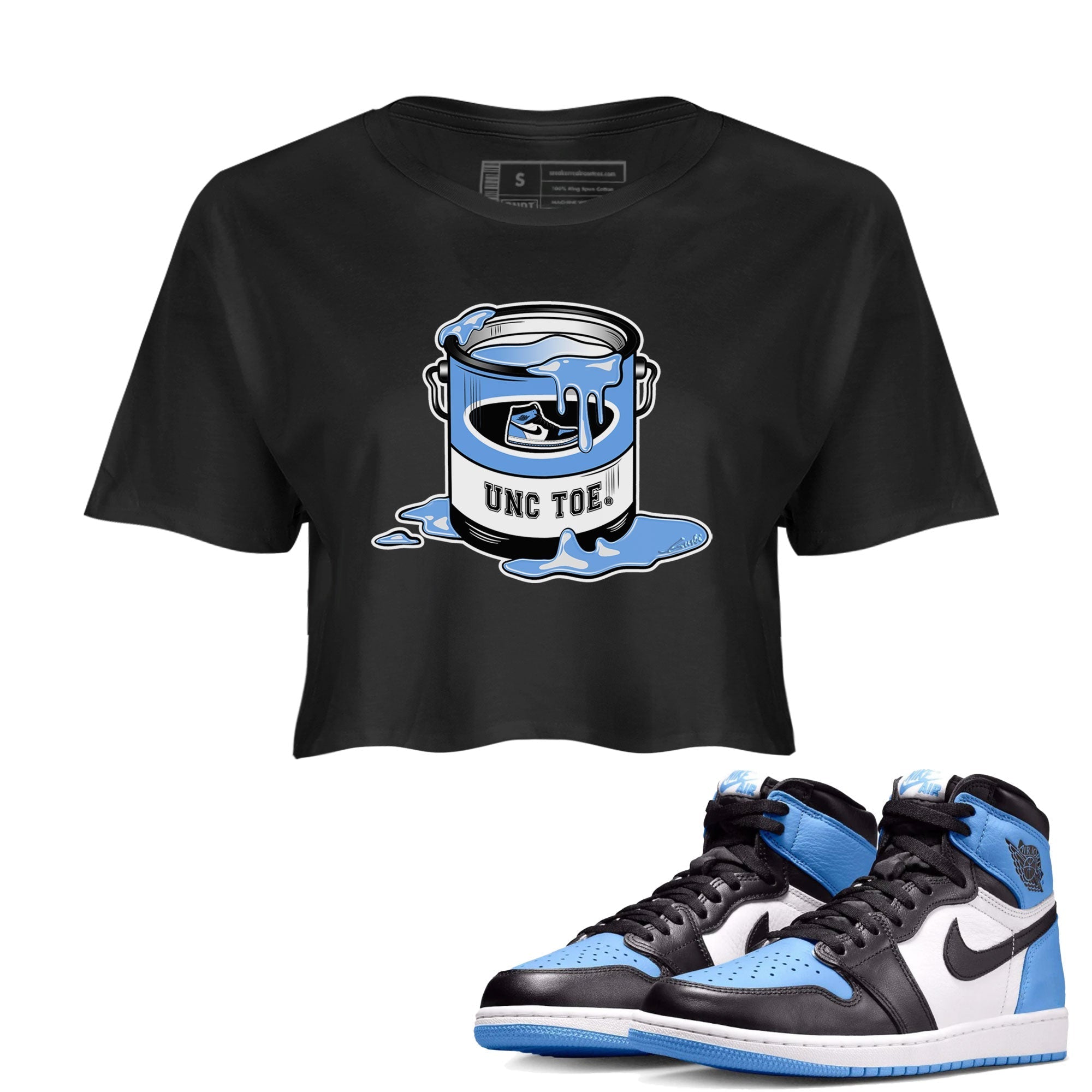Air Jordan 1 UNC Toe shirt to match jordans Bucket Streetwear Sneaker Shirt Air Jordan 1 Retro High OG UNC Toe Drip Gear Zone Sneaker Matching Clothing Black 1 Crop T-Shirt