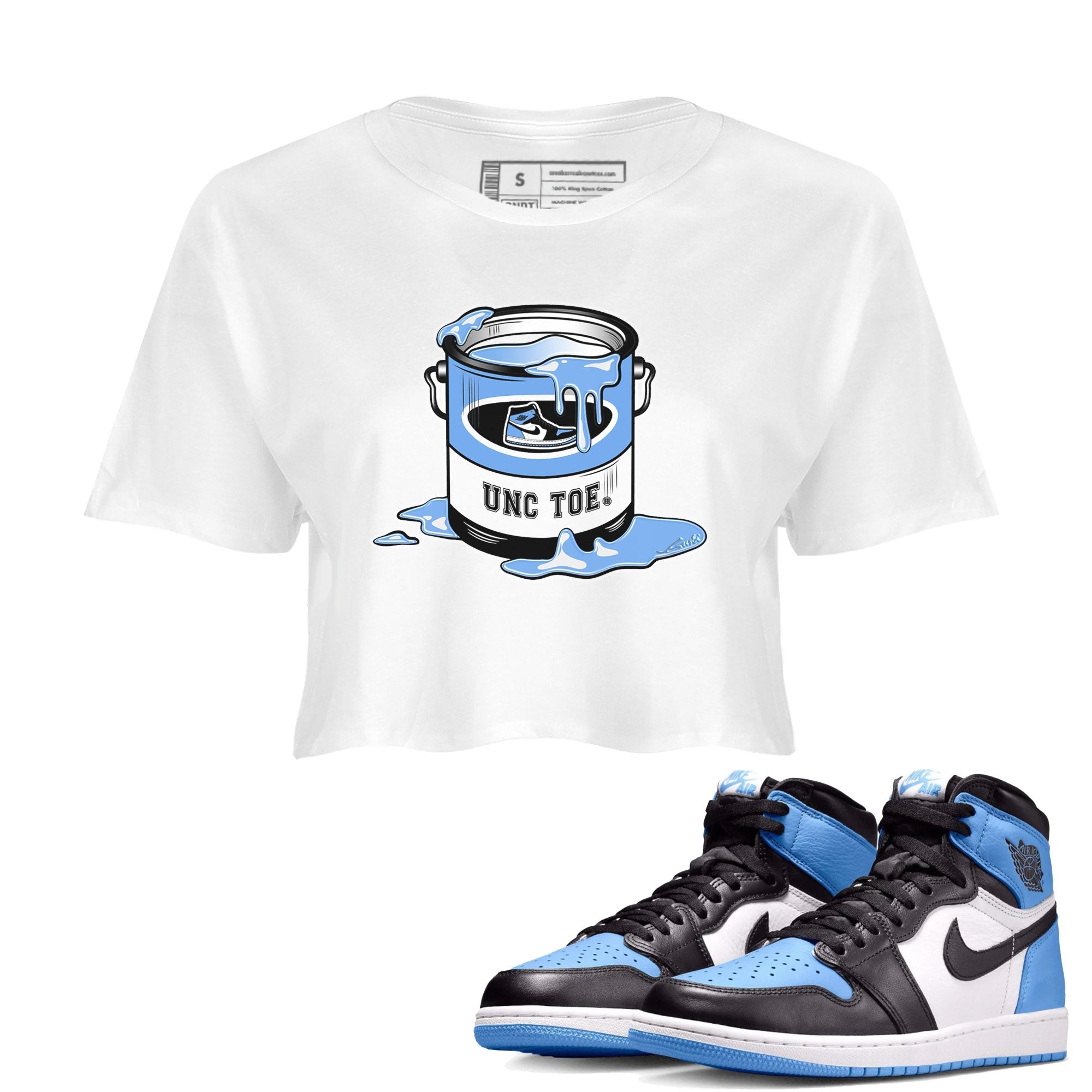 Air Jordan 1 UNC Toe shirt to match jordans Bucket Streetwear Sneaker Shirt Air Jordan 1 Retro High OG UNC Toe Drip Gear Zone Sneaker Matching Clothing White 1 Crop T-Shirt