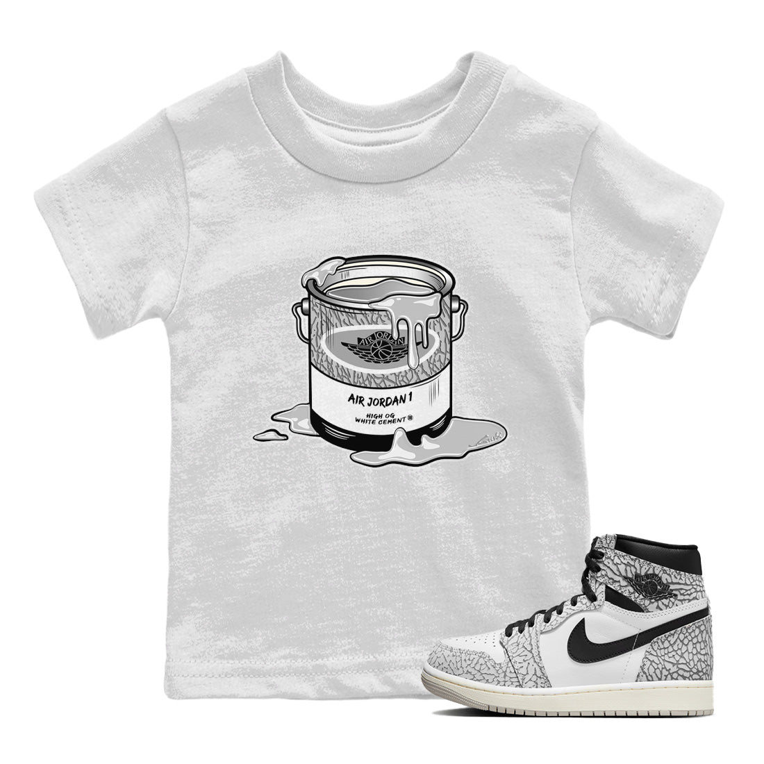 Jordan 1 White Cement Sneaker Matching T-Shirt Bucket Sneaker Tees Jordan 1 White Cement Sneaker Release Tees Kids Shirts
