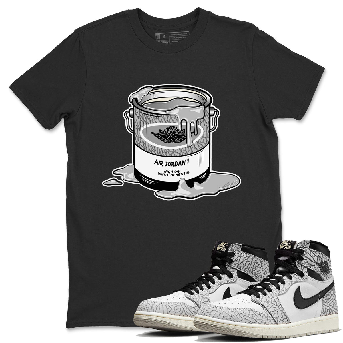 Jordan 1 White Cement Sneaker Matching T-Shirt Bucket Sneaker Tees Jordan 1 White Cement Sneaker Release Tees Crew Neck Tees