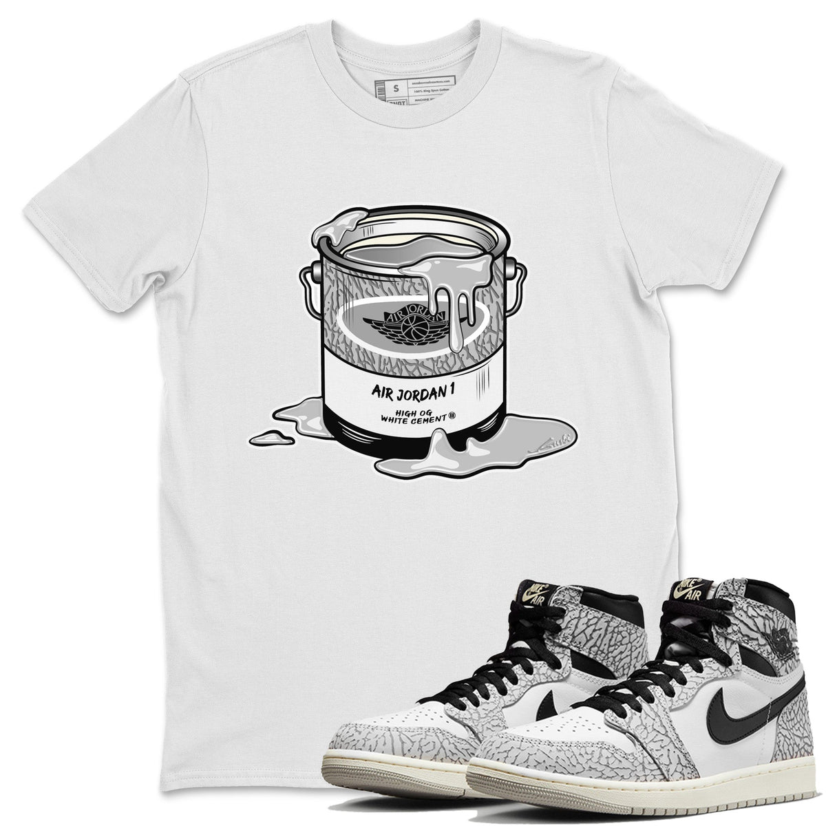 Jordan 1 White Cement Sneaker Matching T-Shirt Bucket Sneaker Tees Jordan 1 White Cement Sneaker Release Tees Crew Neck Tees