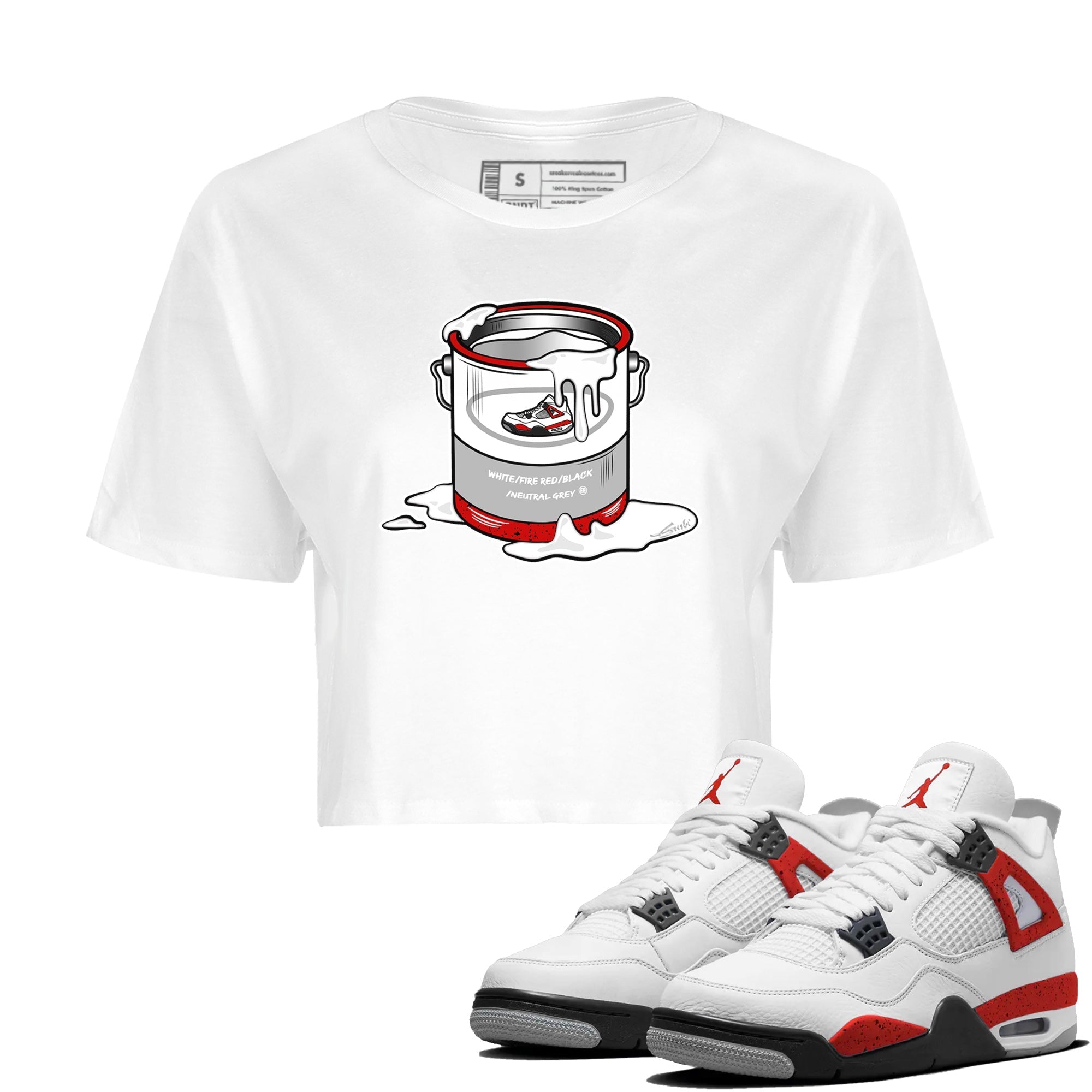 Air Jordan 4 Red Cement Sneaker Match Tees Bucket Streetwear Sneaker Shirt Air Jordan 4 Retro Red Cement Drip Gear Zone Sneaker Matching Clothing Women's Shirts White 1
