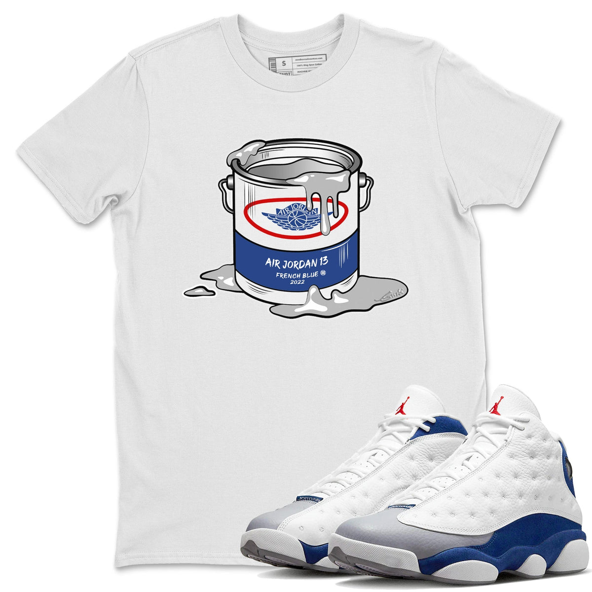 Jordan 13 French Blue Sneaker Matching T-Shirt Bucket Sneaker Tees Jordan 13 French Blue Sneaker Release Tees Crew Neck Tees