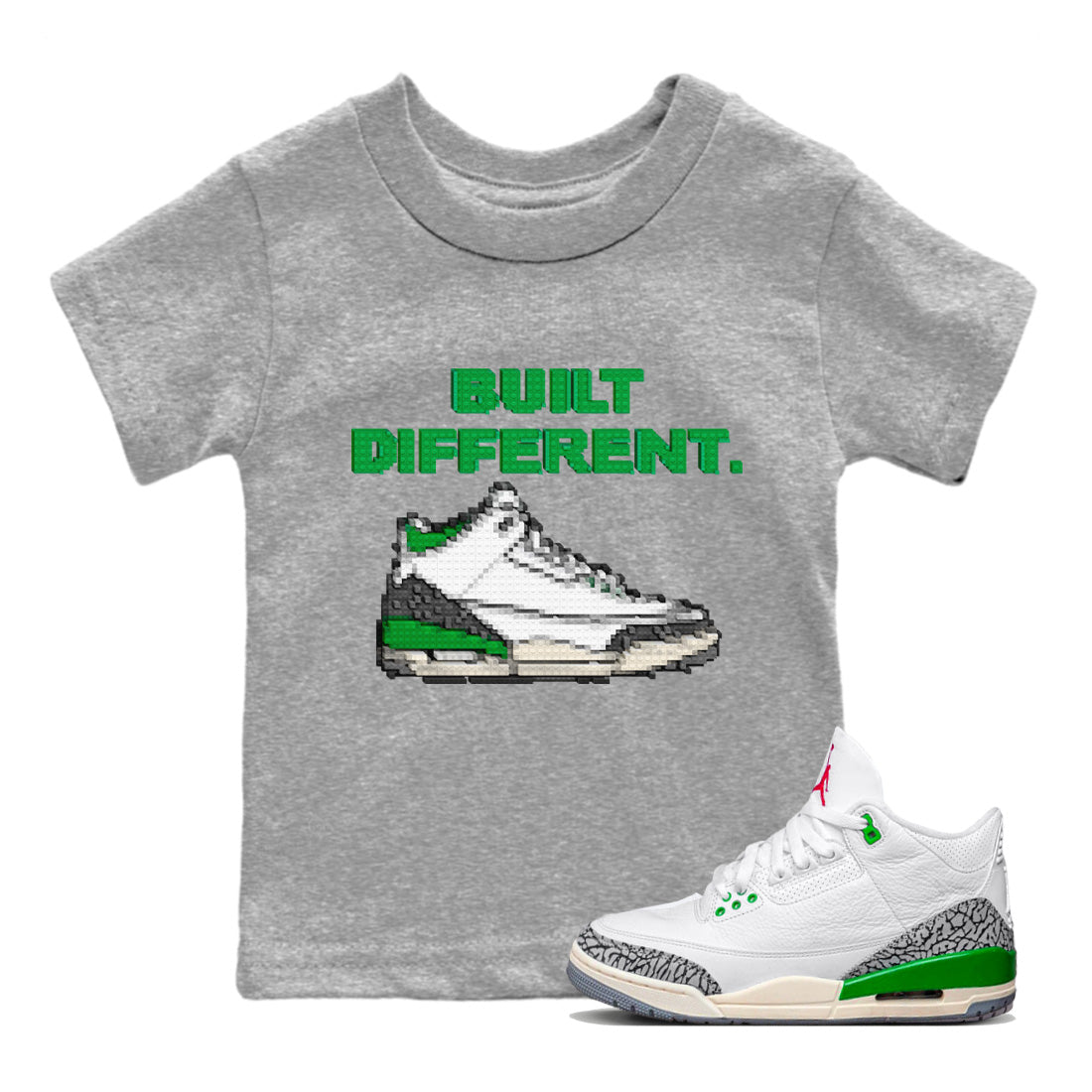 Air Jordan 3 Lucky Green Built Different Baby and Kids Sneaker Tees Air Jordan 3 WMNS Lucky Green Kids Sneaker Tees Size Chart