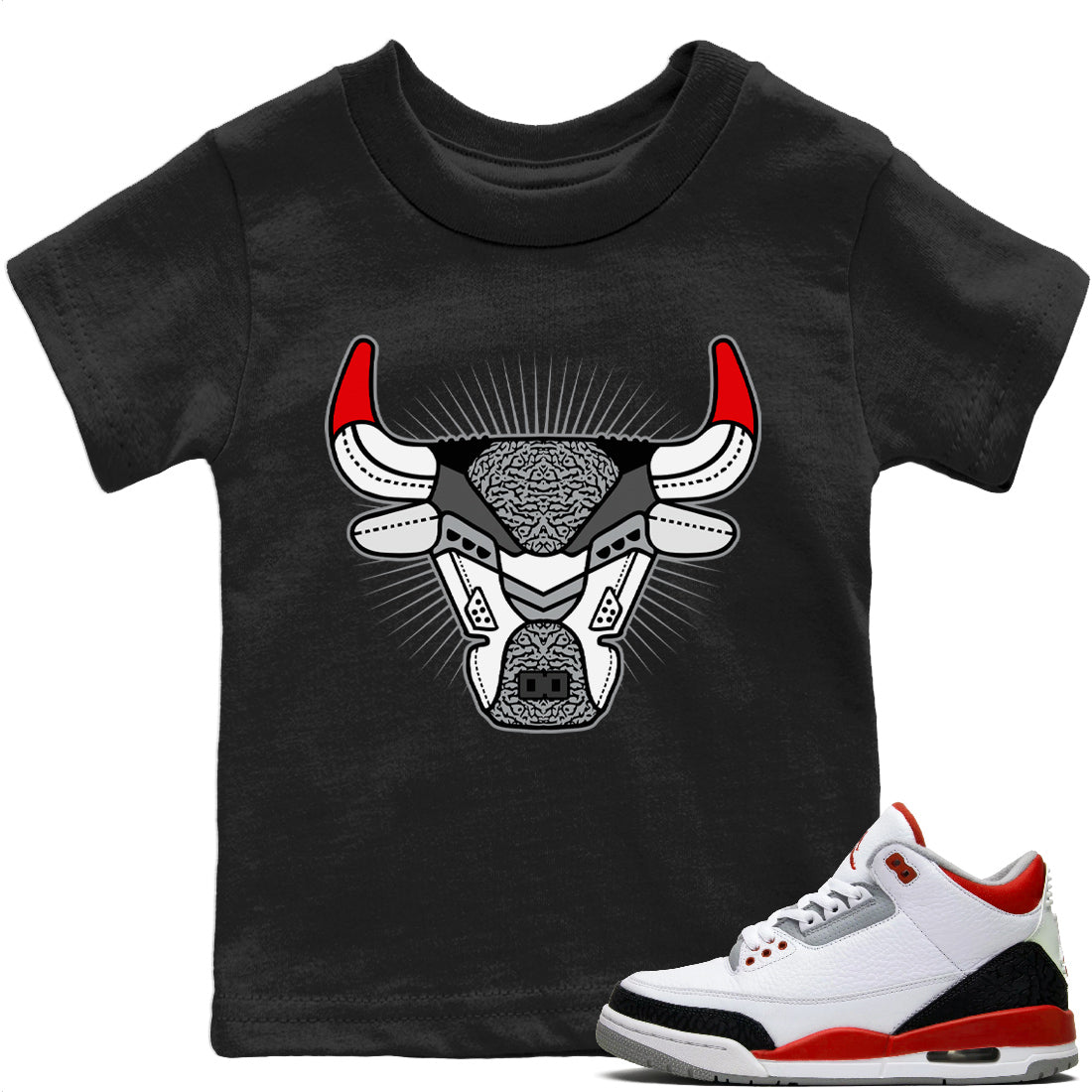 Jordan 3 Fire Red Sneaker Matching T-Shirt Bull Head AJ3 Sneaker Tees Jordan 3 Fire Red Sneaker Release Tees Kids Shirts