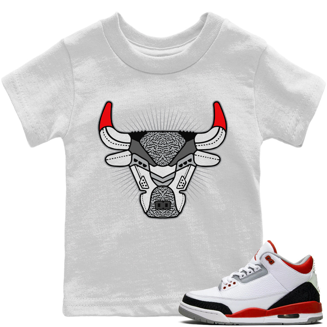 Jordan 3 Fire Red Sneaker Matching T-Shirt Bull Head AJ3 Sneaker Tees Jordan 3 Fire Red Sneaker Release Tees Kids Shirts
