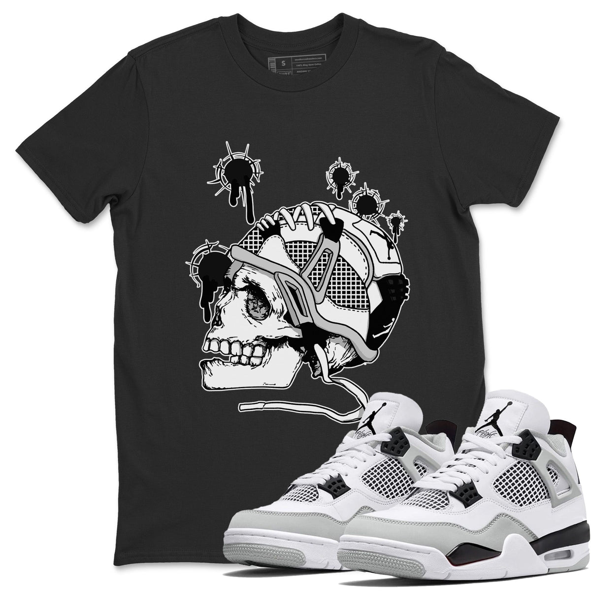Jordan 4 Military Black Sneaker Matching T-Shirt Bullet Holes Sneaker Tees Jordan 4 Military Black Sneaker Release Tees Crew Neck Tees