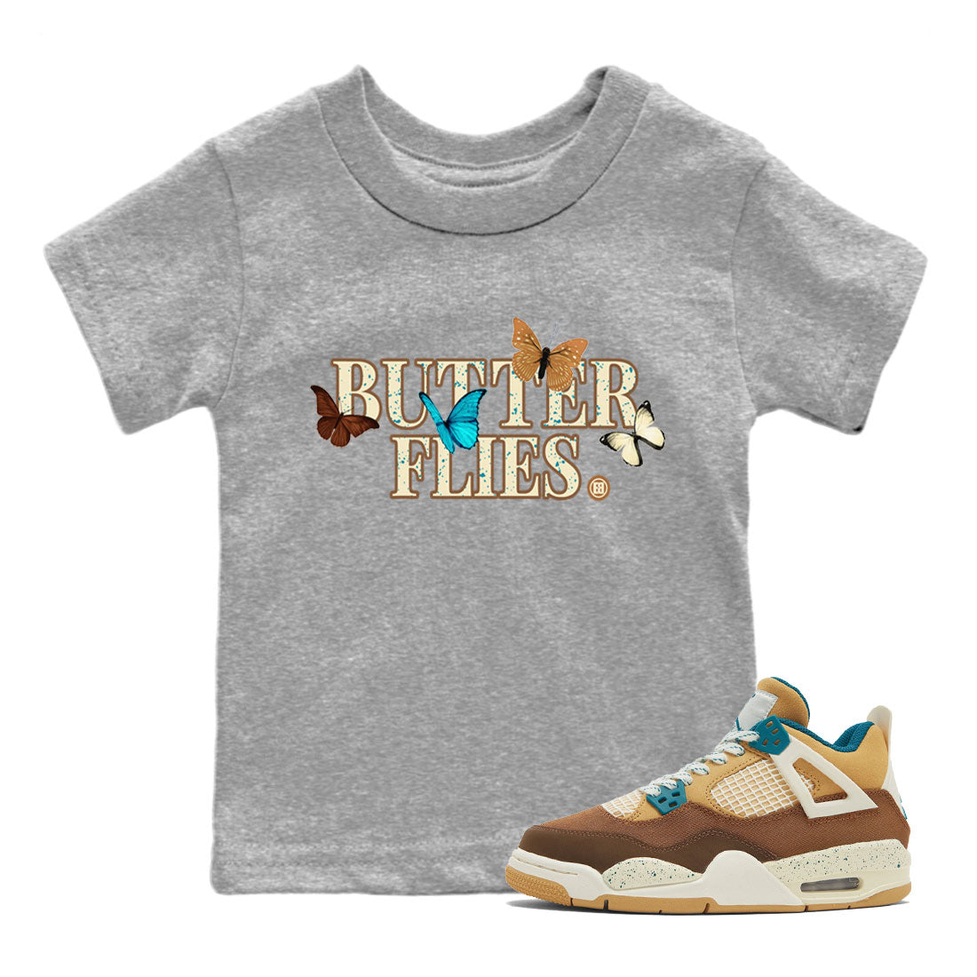 Air Jordan 4 GS Cacao Wow Match To Jordans Butterflies Streetwear Sneaker Shirt Air Jordan 4 Cacao Wow Drip Gear Zone Sneaker Matching Clothing Kids Shirts Heather Grey 1