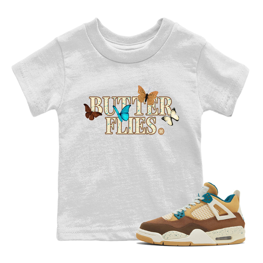 Air Jordan 4 GS Cacao Wow Match To Jordans Butterflies Streetwear Sneaker Shirt Air Jordan 4 Cacao Wow Drip Gear Zone Sneaker Matching Clothing Kids Shirts White 1