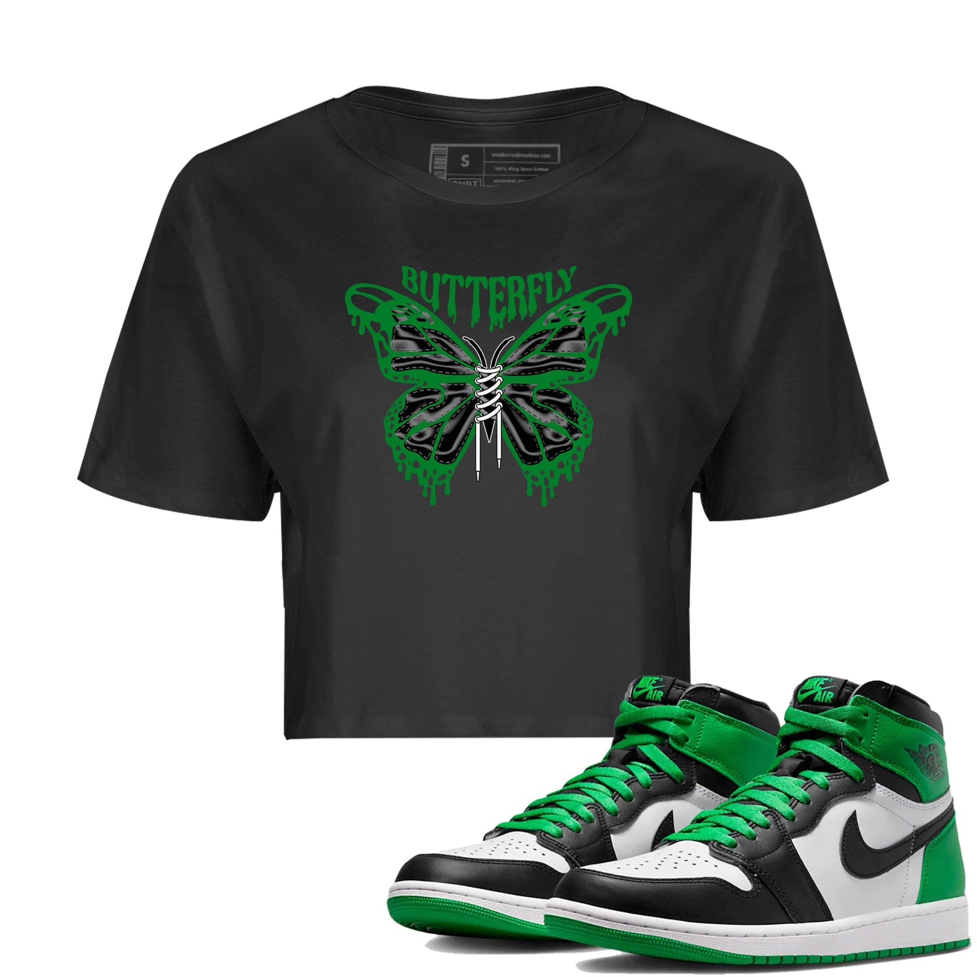 Air Jordan 1 Celtics Sneaker Match Tees Butterfly Sneaker Tees AJ1 OG HIGH Celtics Sneaker Release Tees Women's Shirts Black 1