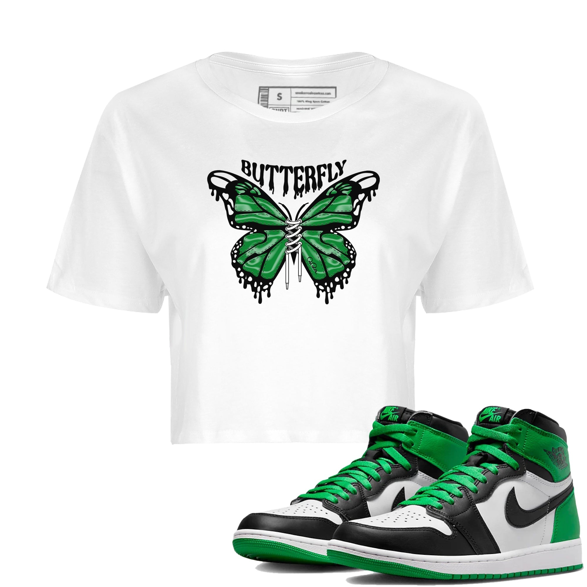 Air Jordan 1 Celtics Sneaker Match Tees Butterfly Sneaker Tees AJ1 OG HIGH Celtics Sneaker Release Tees Women's Shirts White 1