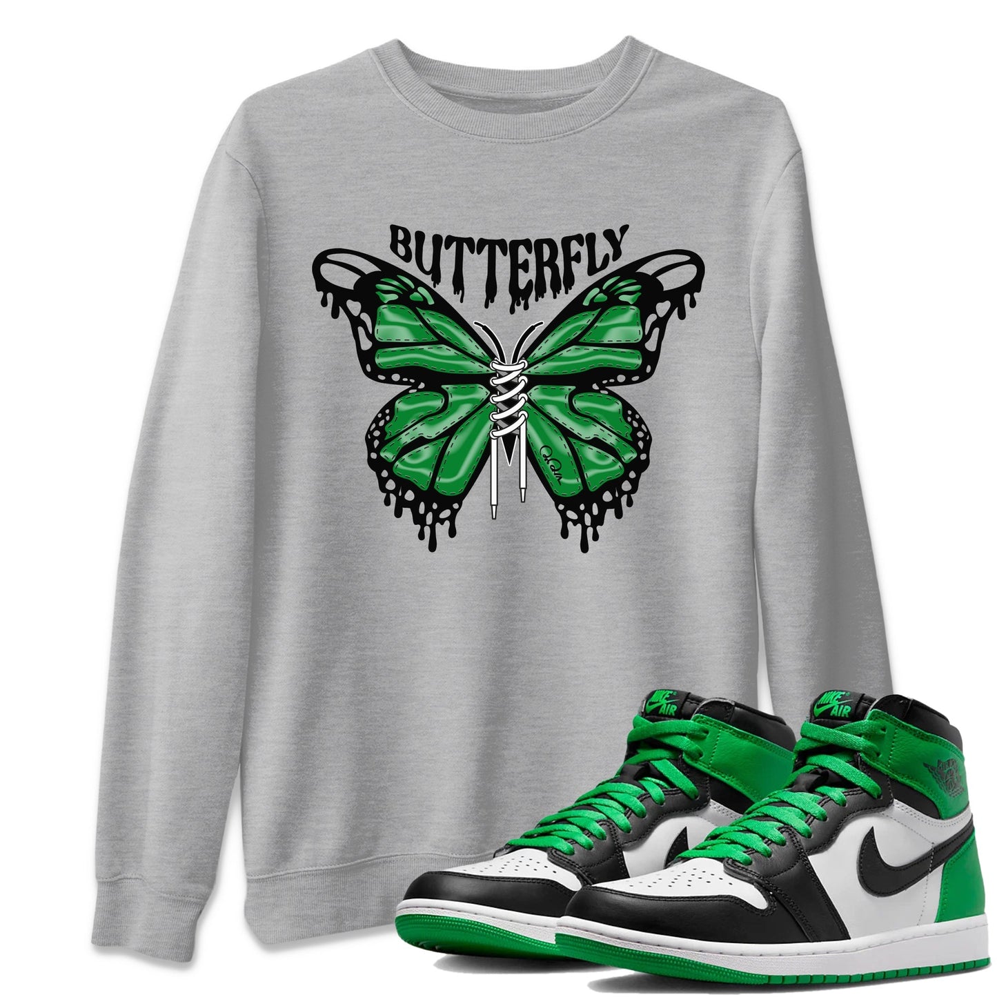 Air Jordan 1 Celtics Sneaker Match Tees Butterfly Sneaker Tees AJ1 OG HIGH Celtics Sneaker Release Tees Unisex Shirts Heather Grey 1